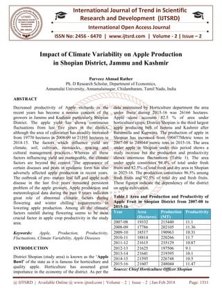@ IJTSRD | Available Online @ www.ijtsrd.com
ISSN No: 2456
International
Research
Impact of Climate Variability on Apple Production
in Shopian District, Jammu and Kashmir
Ph. D Research S
Annamalai University, Annamalainagar, Chidambaram, Tamil Nadu, India
ABSTRACT
Decreased productivity of Apple orchards in the
recent years has become a serious concern of the
growers in Jammu and Kashmir particularly Shopian
District. The apple yield has shown continuous
fluctuations from last five years in the district,
although the area of cultivation has steadily increased
from 19770 hectares in 2008-09 to 21595 hectares in
2014-15. The factors which influence yield are
climate, soil, cultivars, rootstocks, spacing and
cultural management practices. Whereas all these
factors influencing yield are manageable, the climate
factors are beyond the control. The appearance of
certain diseases and pests in epidemic form has also
adversely affected apple production in recent years.
The outbreak of pre- mature leaf fall and apple scab
disease in the last five years remained persistent
problem of the apple growers. Apple production and
meteorological data during the past 9 years indicates
great role of abnormal climatic factors during
flowering and winter chilling requirements in
lowering apple production. Among all the climatic
factors rainfall during flowering seems to be most
crucial factor in apple crop productivity in the study
area.
Keywords: Apple, Production, Productivity,
Fluctuations, Climate Variability, Apple Diseases
INTRODUCTION
District Shopian (study area) is known as the ‘
Bowl’ of the state as it is famous for horticulture and
quality apple. Horticulture has assumed great
importance in the economy of the district. As per the
@ IJTSRD | Available Online @ www.ijtsrd.com | Volume – 2 | Issue – 2 | Jan-Feb 2018
ISSN No: 2456 - 6470 | www.ijtsrd.com | Volume
International Journal of Trend in Scientific
Research and Development (IJTSRD)
International Open Access Journal
Impact of Climate Variability on Apple Production
in Shopian District, Jammu and Kashmir
Parveez Ahmad Rather
D Research Scholar, Department of Economics,
Annamalai University, Annamalainagar, Chidambaram, Tamil Nadu, India
Decreased productivity of Apple orchards in the
recent years has become a serious concern of the
growers in Jammu and Kashmir particularly Shopian
District. The apple yield has shown continuous
fluctuations from last five years in the district,
e area of cultivation has steadily increased
09 to 21595 hectares in
15. The factors which influence yield are
climate, soil, cultivars, rootstocks, spacing and
cultural management practices. Whereas all these
encing yield are manageable, the climate
factors are beyond the control. The appearance of
certain diseases and pests in epidemic form has also
adversely affected apple production in recent years.
mature leaf fall and apple scab
e in the last five years remained persistent
problem of the apple growers. Apple production and
meteorological data during the past 9 years indicates
great role of abnormal climatic factors during
flowering and winter chilling requirements in
e production. Among all the climatic
factors rainfall during flowering seems to be most
crucial factor in apple crop productivity in the study
Apple, Production, Productivity,
Fluctuations, Climate Variability, Apple Diseases
District Shopian (study area) is known as the ‘Apple
of the state as it is famous for horticulture and
quality apple. Horticulture has assumed great
importance in the economy of the district. As per the
data maintained by Horticulture department
under fruits during 2015-16 was 26166 hectares.
Apple alone accounts 82.5 % of area under
horticulture crops. District Shopian is the third largest
apple producing belt of Jammu and Kashmir after
Baramulla and Kupwara. The production of apple in
Shopian has increased from 190477Metric tones in
2007-08 to 248044 metric tons in 2015
under apple in Shopian under this period shows a
study increase but the production and productivity
shows enormous fluctuations (Table 1). The area
under apple constitutes 94.4% of total under fresh
fruits and 82.5% of total fresh and dry area in Shopian
in 2025-16. The production constitutes 96.5% among
fresh fruits and 92.5% of total dry and fresh fruits.
These figures indicate the dependency of the district
on apple cultivation.
Table 1 Area and Production and Productivity of
Apple Fruit in Shopian District from 2007
2015-16
Year Area
(Hectares)
Production
(MT)
2007-08 19332 215440
2008-09 17786 202105
2009-10 18517 190963
2010-11 18814 220266
2011-12 21615 235129
2012-13 21625 197506
2013-14 21641 219395
2014-15 21595 226748
2015-16 21607 248044
Source: Chief Horticulture Officer Shopian
Feb 2018 Page: 1511
6470 | www.ijtsrd.com | Volume - 2 | Issue – 2
Scientific
(IJTSRD)
International Open Access Journal
Impact of Climate Variability on Apple Production
in Shopian District, Jammu and Kashmir
Annamalai University, Annamalainagar, Chidambaram, Tamil Nadu, India
data maintained by Horticulture department the area
16 was 26166 hectares.
Apple alone accounts 82.5 % of area under
horticulture crops. District Shopian is the third largest
apple producing belt of Jammu and Kashmir after
Baramulla and Kupwara. The production of apple in
hopian has increased from 190477Metric tones in
08 to 248044 metric tons in 2015-16. The area
under apple in Shopian under this period shows a
study increase but the production and productivity
shows enormous fluctuations (Table 1). The area
le constitutes 94.4% of total under fresh
fruits and 82.5% of total fresh and dry area in Shopian
16. The production constitutes 96.5% among
fresh fruits and 92.5% of total dry and fresh fruits.
These figures indicate the dependency of the district
Table 1 Area and Production and Productivity of
Apple Fruit in Shopian District from 2007-08 to
Production
(MT)
Productivity
215440 11.1
202105 11.36
190963 10.31
220266 11.7
235129 10.87
197506 9.1
219395 10.1
226748 10.5
248044 11.47
Source: Chief Horticulture Officer Shopian
 