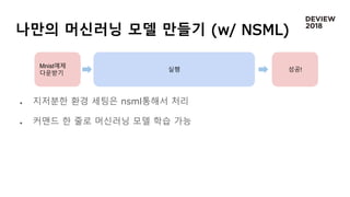 나만의 머신러닝 모델 만들기 (w/ NSML)
 지저분한 환경 세팅은 nsml통해서 처리
 커맨드 한 줄로 머신러닝 모델 학습 가능
Mnist예제
다운받기
실행 성공!
 