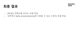최종 결과
 99.8% 정확도를 보이는 모델 학습
 내부에서 data preprocessing에 사용할 수 있는 수준의 모델 학습
 
