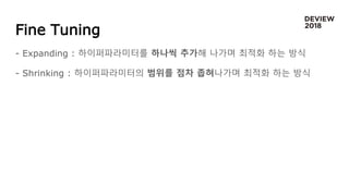 Fine Tuning
- Expanding : 하이퍼파라미터를 하나씩 추가해 나가며 최적화 하는 방식
- Shrinking : 하이퍼파라미터의 범위를 점차 좁혀나가며 최적화 하는 방식
 
