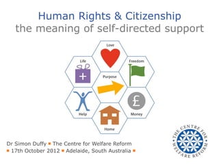 Human Rights & Citizenship
   the meaning of self-directed support




Dr Simon Duffy ￭ The Centre for Welfare Reform
￭ 17th October 2012 ￭ Adelaide, South Australia ￭
 