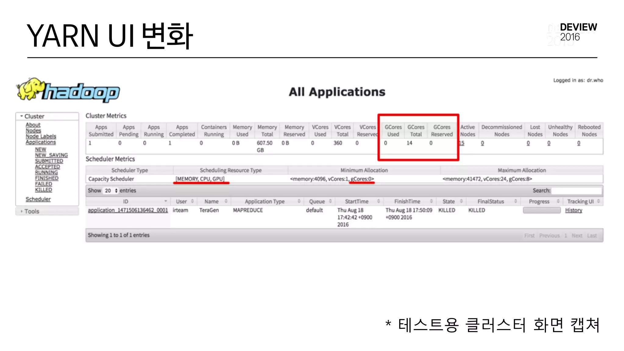 YARN UI 변화
UI Changes
* 테스트용 클러스터 화면 캡쳐
 