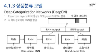 4.1.3 상품분류 모델
Deep Categorization Networks (DeepCN)
1. Recurrent layers: 피처 생성 / FC layers: 카테고리 분류
2. 각 메타정보마다 RNN을 할당
RNN
스타일리쉬한
RNN
해변용
RNN
래쉬가드
RNN
남태평양
RNN
스윔웨어
RNN output RNN output
수영복 (0.324)
Item-name RNN Brand-name RNN
 
