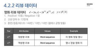 4.2.2 리뷰 데이터
영화 리뷰 데이터
Var
x(1) 정방향 리뷰 이 영화 정말 잼나
x(2) 역방향 리뷰 잼나 정말 영화 이
(1) (2)
{ , } { , , }d y y x x x { , }y P N
1. Positive: 10점 / Negative: 1점
2. 고유 단어 수: 72만개
3. 훈련/검증/테스트: 140만 / 10만 / 10만 (클래스 균형 맞춤)
 