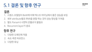 5.1 결론 및 향후 연구
결론
향후 연구
1. 시퀀스 모델링이 BoW에 비해 텍스트 마이닝에서 좋은 성능을 보임
2. 세부 attribute별로 RNN을 분할 하는 것이 성능 향상을 가져옴
3. 별도 Parser나 시맨틱 온톨로지 불필요
4. Recurrent layer가 중요
1. 다양한 도메인에 적용
2. 속도 측면 퍼포먼스
3. 다양한 튜닝
 