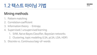 1.2 텍스트 마이닝 기법
Mining methods
1. Pattern matching
2. Correlation coefficient
3. Information theory – Entropy
4. Supervised / unsupervised learning
1. SVM, Naïve Bayes Classifier, Bayesian networks
2. Clustering, topic modeling (LSA, pLSA, LDA, HDP)
5. Discrete vs. Continuous bag-of-words
 