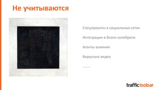 Не учитываются
Спецпроекты в социальных сетях
Интеграции в блоги селебрити
Агенты влияния
Вирусные видео
……..
 