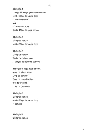 60
60
Refeição 1
250gr de frango grelhado ou cozido
400 – 500gr de batata doce
1 banana média
ou
15 claras de ovos
350 a 450gr de arroz cozido
Refeição 2
250gr de frango
400 – 500gr de batata doce
Refeição 3
250gr de frango
300gr de batata doce
1 porção de legumes cozidos
Refeição 4 (logo após o treino)
40gr de whey protein
20gr de dextrose
30gr de maltodextrina
5gr de creatina
15gr de glutamina
Refeição 5
250gr de frango
400 – 500gr de batata doce
1 banana
Refeição 6
250gr de frango
 