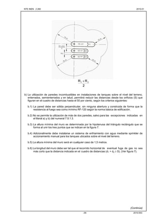 NTE INEN 2 260 2010-012010-01
2010-053-39-
b) La utilización de paredes incombustibles en instalaciones de tanques sobre el nivel del terreno,
enterrados, semienterrados y en talud, permitirá reducir las distancias desde los orificios (S) que
figuran en el cuadro de distancias hasta el 50 por ciento, según los criterios siguientes:
b.1) La pared debe ser sólida perpendicular, sin ninguna abertura y construida de forma que la
resistencia al fuego sea como mínimo RF-120 según la norma básica de edificación.
b.2) No se permite la utilización de más de dos paredes, salvo para las excepciones indicadas en
el literal a) y b) del numeral 7.9.1.3.
b.3) La altura mínima del muro es determinada por la hipotenusa del triángulo rectángulo que se
forma al unir los tres puntos que se indican en la figura 7.
b.4) Adicionalmente debe instalarse un sistema de enfriamiento con agua mediante sprinkler de
accionamiento manual para los tanques ubicados sobre el nivel del terreno.
b.5) La altura mínima del muro será en cualquier caso de 1,5 metros.
b.6) La longitud del muro debe ser tal que el recorrido horizontal de eventual fuga de gas no sea
más corto que la distancia indicada en el cuadro de distancias (d1 + d2 ≥ S). (Ver figura 7).
(Continúa)
 