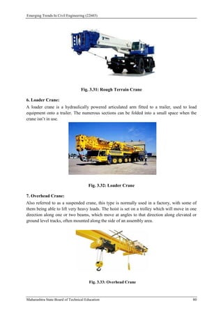 Emerging Trends In Civil Engineering (22603)
Maharashtra State Board of Technical Education 80
Fig. 3.31: Rough Terrain Crane
6. Loader Crane:
A loader crane is a hydraulically powered articulated arm fitted to a trailer, used to load
equipment onto a trailer. The numerous sections can be folded into a small space when the
crane isn’t in use.
Fig. 3.32: Loader Crane
7. Overhead Crane:
Also referred to as a suspended crane, this type is normally used in a factory, with some of
them being able to lift very heavy loads. The hoist is set on a trolley which will move in one
direction along one or two beams, which move at angles to that direction along elevated or
ground level tracks, often mounted along the side of an assembly area.
Fig. 3.33: Overhead Crane
 