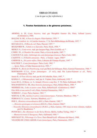 94
OOOBBBRRRAAASSS CCCIIITTTAAADDDAAASSS
( ou às que se faz referência )
1. Textos fantásticos e de gêneros próximos.
ARMINA A. D', Conte bizarres, trad. par Théophile Gautier fils, Paris, Julliard (couve.
«Littérature»), 1964.
BALZAC H. DE, A Peau de chagrin, Paris Garnier, 1955. *
—, Louis Lambert, in: A Comédie humaine, T. X, Paris Bibliothèque da Pléiade, 1937. *
BATAILLE G., O Bleu du ciel, Paris, Pauvert, 1957. *
BECKFORD W., Vathek et os Episodes, Paris, Stock, 1958. *
BIERCE A., Conte noirs, trad. par Jacques Papy, Paris Losfeld, s.d. *
CARR J. D., A Chambre lhe ardam, Paris, o Livre de poche, 1067. *
CASTEX P.-G. (éd.), Anthologie du conte fantastique francais, Paris, Corti, 1963.
CAZOTTE J., O Diable amoureux, Paris, o Terrain vague, 1960.*
CHRISTIE A., Dix petits nèfres, Paris, Librairie dê Champs-Elysées, 1947. *
GAUTIER T., Conte fantastiques, Paris, Corti, 1962. *
—, Sprite, Paris, o Clube francais du livre, 1951. *
GOGOL N., Récits do Peterbosurg, trad. par Boris do Schloezer, Paris, Garnier-Flammarion, 1968. *
HOFFMANN E.T.A., Conte fantastiques (3 vol.), trad. Par Loève-Veimars et all., Paris,
Flammarion, 1964. *
James H., O Tour d'écrou, trad. par M. O Corbeiller, Paris, 1947. *
KAFKA F., A Métamorphose, trad. par A. Vialatte, Paris, Gallimard, 1955. *
Lewis M. G., O Moine, in: A. Artaud, CEuvres comp lhes, T. VI, Paris, Gallimard, 1966. *
MAUPASSANT G. DE, Onze histoires fantastiques, Paris, Robert Marin, 1949. *
MERIMEE Ou., Lokis et autres conte, Paris, Julliard (coll. «Littérature»), 1964.*
Eles Mille et une nuits (3 vol.), Paris, Garnier-Flammarion, 1965. *
NODIER C., Conte, Paris, Garnier, 1963. *
NERVAL G. DE, Aurélia et autres contest fantastiques, Verviers, Marabout, 1966. *
PERRAULT C.,Contes, Verviers, Marabout, s.d. *
POE E., Histoires extraordinaires (H.E.), Paris, Garnier, 1962. *
—, Histoires grotesques et sérieuses (H.G.S.), Paris, Garnier-1966.*
—Nouvelles Histoires extraordinaires (N.H.E.,), Paris, Garnier, 1951 (tous os trois volumes, traduits
par Ch. Baudelaire). *
POTOCKI J., Die Abenteuer in der Serra Moréia, Berlin, Aufbau Verlag, 1962. *
— Manuscrit trouvè À Saragosse, Paris, Gallimard, 1958. *
SHECKLEY R., Pèlerinage À a Terre, Paris Denoël (coll. «Présence du futur»), 1960.
VILLIERS DE L'ISLE-ADAM, Conte fantastiques, Paris, Flammarion, 1965.*
 