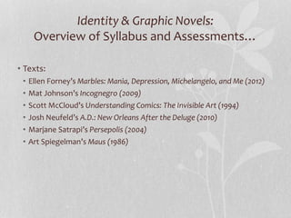 Identity & Graphic Novels:
Overview of Syllabus and Assessments…
• Texts:
• Ellen Forney’s Marbles: Mania, Depression, Michelangelo, and Me (2012)
• Mat Johnson’s Incognegro (2009)
• Scott McCloud’s Understanding Comics: The Invisible Art (1994)
• Josh Neufeld’s A.D.: New Orleans After the Deluge (2010)
• Marjane Satrapi’s Persepolis (2004)
• Art Spiegelman’s Maus (1986)
 