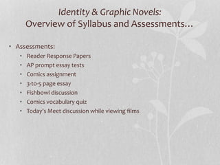 Identity & Graphic Novels:
Overview of Syllabus and Assessments…
• Assessments:
• Reader Response Papers
• AP prompt essay tests
• Comics assignment
• 3-to-5 page essay
• Fishbowl discussion
• Comics vocabulary quiz
• Today’s Meet discussion while viewing films
 