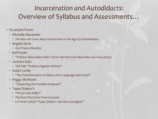 Incarceration and Autodidacts:
Overview of Syllabus and Assessments…
• Excerpts from:
• Michelle Alexander
• The New Jim Crow: Mass Incarceration in the Age of Colorblindness
• Angela Davis
• Are Prisons Obsolete
• bell hooks
• “Preface About Black Men” (from We Real Cool: Black Men and Masculinity)
• Jackson Katz
• TED Talk “Violence Against Women”
• Audre Lorde
• “The Transformation of Silence into Language and Action”
• Peggy McIntosh
• “Unpacking the Invisible Knapsack”
• Tupac Shakur’s
• “Picture Me Rollin’”
• The Rose That Grew From Concrete
• LA Times’ article “Tupac Shakur: I am Not a Gangster”
 