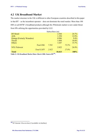 IPTV – A Wholesale Strategy Sean Hartley
4.2 UK Broadband Market
The market structure in the UK is different to other European countries described in this paper
in that BT – as the incumbent operator – does not dominate the retail market. More than 100
ISPs re-sell BTW’s broadband products although this Wholesale market is now under threat
from SPs utilising the opportunities provided by LLU.
Subscribers (m)
BT Retail 2.584 24.7%
AOL 1.350 12.9%
Orange (Formely Wanadoo) 0.986 9.4%
Tiscali 1.084 10.4%
Others 1.647 15.7%
Total DSL 7.591 72.5%
NTL/Telewest 2.822 26.9%
Total CATV 2.822 27.0%
Total 10.413 100%
Table 2: UK Broadband Market Share March 2006. Source BT100
.
100
BT Internal. bbsectorshare2 (available via Intellact)
MSc Dissertation Final Submission. 27/11/2006 Page 93 of 133
 