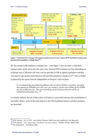 IPTV – A Wholesale Strategy Sean Hartley
Figure 7: Potential LLU exchange roll out plans and forecast LLU lines. Source BTW Portfolio Strategy team
(produced from publicly available data)101
BT has around 6,500 telephone exchange sites – what figure 7 does not show is that these
operator plans nearly all involve the same ones. Internal BTW estimates are that unbundling an
exchange unit of 500 ports will cost a service provider £110k in capital expenditure and they
will need to sign-up and retain between 250 and 500 customers to break even102
. This is further
evidenced by this quote from the Independent on Easynet’s roll out plans…
It is estimated that providing broadband will cost about £200 per customer, meaning
that signing up 500,000 users this year, for instance, would wipe £100m off the £800m
pre-tax profits forecast. The costs of rolling out the Easynet network will be an
additional substantial sum…103
.
It is highly unlikely that all of these plans will lead to a successful outcome and consolidation is
inevitable. Below, some of the main players in the UK broadband industry and their prospects
are described.
101
BTW Internal – LLU Vs IPS – Sean Hartley February 2006 (From data supplied by Chris Beumont).
102
BTW Internal – LLU “datastream” benchmark cost stack analysis – Matthew Thomas. March 2006.
103
The Independent – 22nd March 2006.
MSc Dissertation Final Submission. 27/11/2006 Page 95 of 133
 