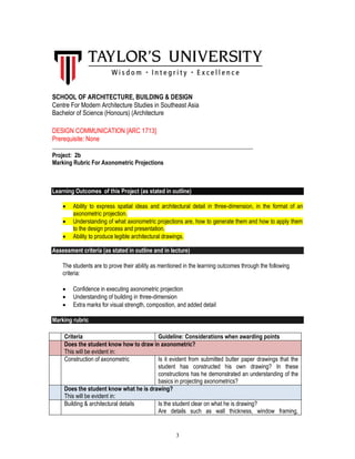 3
SCHOOL OF ARCHITECTURE, BUILDING & DESIGN
Centre For Modern Architecture Studies in Southeast Asia
Bachelor of Science (Honours) (Architecture
DESIGN COMMUNICATION [ARC 1713]
Prerequisite: None
_____________________________________________________________________
Project: 2b
Marking Rubric For Axonometric Projections
Learning Outcomes of this Project (as stated in outline)
 Ability to express spatial ideas and architectural detail in three-dimension, in the format of an
axonometric projection.
 Understanding of what axonometric projections are, how to generate them and how to apply them
to the design process and presentation.
 Ability to produce legible architectural drawings.
Assessment criteria (as stated in outline and in lecture)
The students are to prove their ability as mentioned in the learning outcomes through the following
criteria:
 Confidence in executing axonometric projection
 Understanding of building in three-dimension
 Extra marks for visual strength, composition, and added detail
Marking rubric
Criteria Guideline: Considerations when awarding points
Does the student know how to draw in axonometric?
This will be evident in:
Construction of axonometric Is it evident from submitted butter paper drawings that the
student has constructed his own drawing? In these
constructions has he demonstrated an understanding of the
basics in projecting axonometrics?
Does the student know what he is drawing?
This will be evident in:
Building & architectural details Is the student clear on what he is drawing?
Are details such as wall thickness, window framing,
 