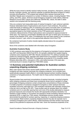 Hazard Surveillance: Residual Chemicals in Shipping Containers Page 15 of 101
While the study aimed to identify residual methyl bromide, phosphine, chloropicrin, sulphuryl
fluoride, hydrogen cyanide, and carbonyl sulphide (a potential alternative fumigant to methyl
bromide and phosphine), FTIR analysis also allowed other residual chemicals to be
identified. Results were compared to a number of reference values, including Swedish TWA,
ceiling, and STEL values, American Acute Emergency Guidance Levels (AEGL) (National
Research Council 2001) values and Californian OEHHA REL values, the latter to allow
results to be compared with the Hamburg study.
Only one container had measurable levels of residual fumigants (1 ppm carbonyl sulphide).
However detectable levels of hydrocarbons were found in most containers. The authors
noted that levels of methanol (78% of containers) and carbon monoxide (45% of containers)
never exceeded Swedish STEL values. Unidentified hydrocarbons denoted as octane
equivalents based on the limited resolution of the FTIR spectra were detected in 47
containers. Measurements of these hydrocarbons were compared to exposure levels for
white spirit. The maximum concentration identified was 491 ppm of white spirit, five times in
excess of the Swedish STEL value. Formaldehyde may have been present in two containers
at levels of around 1 ppm, which is the approximate detection limit of the FTIR.
Six containers had levels of carbon dioxide slightly elevated above the occupational
exposure level.
None of the containers were labelled with information about fumigation.
Australian Customs Study
14 943 containers were tested for the presence of fumigants by Australian Customs between
July 2007 and December 2008 (Frost 2010). Air samples collected from sealed shipping
containers were analysed by SIFT-MS. Results indicated that 17% (2503) of samples were
positive for residual fumigants. Samples were determined to be positive if fumigant levels
exceeded the eight hour TWA WES. Formaldehyde accounted for 31% of positive results.
Ethylene dibromide (26%), chloropicrin (18%), and methyl bromide (13%) were also
commonly found in excess of eight hour TWA WES values.
1.5 Summary and potential implications for Australian workers
unpacking shipping containers
Many case reports have shown severe health problems after accidental exposures to
fumigants and other residual chemicals from shipping containers, but no studies have
systematically assessed health effects in chronically exposed workers handling shipping
containers or fumigated products. The health risks for these workers therefore remain largely
unknown.
Several studies have examined concentrations of residual chemicals, including fumigants,
within shipping containers and these have consistently shown that air samples of a large
percentage of shipping containers contain at least trace concentrations of these chemicals.
A smaller proportion of containers sampled for fumigants or other residual chemicals
exceeded commonly used eight hour TWA workplace standards with estimates ranging from
a few per cent to as high as 20–30%. These studies used air samples taken from sealed
containers prior to or just after opening them and none of the studies attempted to measure
personal exposures and compare the results with appropriate workplace standards. It is
therefore unclear whether or not workers are exposed to levels exceeding relevant exposure
standards (STEL or eight hour TWA values). Nonetheless previous studies clearly
demonstrate the potential for workers opening, inspecting, or unpacking shipping containers
to be exposed. Retail workers unpacking shipped products may also be exposed, but in
contrast to fumigators and custom officers, retail businesses and their workers may be less
aware of the potential for exposures and their risks. Given the hazardous properties of the
 