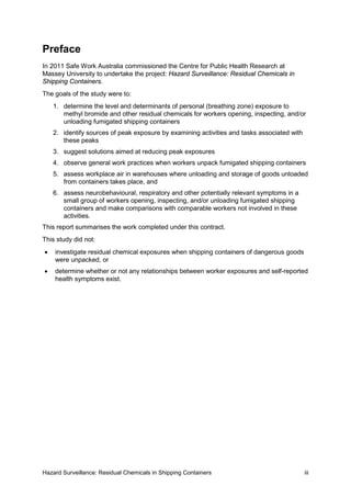Hazard Surveillance: Residual Chemicals in Shipping Containers iii
Preface
In 2011 Safe Work Australia commissioned the Centre for Public Health Research at
Massey University to undertake the project: Hazard Surveillance: Residual Chemicals in
Shipping Containers.
The goals of the study were to:
1. determine the level and determinants of personal (breathing zone) exposure to
methyl bromide and other residual chemicals for workers opening, inspecting, and/or
unloading fumigated shipping containers
2. identify sources of peak exposure by examining activities and tasks associated with
these peaks
3. suggest solutions aimed at reducing peak exposures
4. observe general work practices when workers unpack fumigated shipping containers
5. assess workplace air in warehouses where unloading and storage of goods unloaded
from containers takes place, and
6. assess neurobehavioural, respiratory and other potentially relevant symptoms in a
small group of workers opening, inspecting, and/or unloading fumigated shipping
containers and make comparisons with comparable workers not involved in these
activities.
This report summarises the work completed under this contract.
This study did not:
• investigate residual chemical exposures when shipping containers of dangerous goods
were unpacked, or
• determine whether or not any relationships between worker exposures and self-reported
health symptoms exist.
 