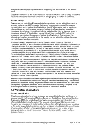 Hazard Surveillance: Residual Chemicals in Shipping Containers Page 59 of 101
analyses showed highly comparable results suggesting that any bias due to this issue is
small.
Despite the limitations of the study, the results indicate that further work to validly assess the
risk of neurotoxic and respiratory symptoms in a larger group of workers is warranted.
Hazard survey
Seventy-one per cent of the 21 respondents had completed training related to unpacking
shipping containers and 60% reported that risks of exposures to chemical fumes were
covered in their work health and safety training. Also 33% had read a code of practice or
other guidance on how to manage any work health and safety risks when unpacking
containers. Nonetheless, none claimed to know a lot about the risks of chemical fumes in
containers, although 67% noted they knew a little with just over half (57%) noting this
knowledge was obtained through work health and safety training. This suggests that
although workers had received training, the specific training related to residual chemicals
may not always have been adequate.
In general, workers appeared unsure about their exposures to residual chemicals in
containers, and 76% of respondents reported limited or no ability to identify containers giving
off chemical fumes. This is consistent with observations made by field staff which found only
one of the containers included in the study to have a notice stating that the container had
been fumigated. Almost two-thirds of workers stated that warning labels on the shipping
container would be of most help in identifying containers that give off chemical fumes.
Consistent enforcement of existing requirements to label fumigated shipping containers is
recommended. However non-compliance has been noted in previous international studies.
Thirty-eight per cent of the respondents reported that they ensured that the container is in a
designated area with good ventilation and 43% reported that they opened the container
taking care to avoid exposure to fumes before entering the container. Less than 10%
extracted fumes with natural ventilation for more than 12 hours, and only one worker
reported extracting fumes using mechanical equipment for more than 30 minutes. Only 14%
of respondents tested the air in the container using air testing equipment and only about
one-third of respondents used techniques for minimising exposure. This suggests that
routine use of safety precautions is not applied by many of the workers and there is therefore
significant potential for improvement.
The most significant reason for not taking safety precautions included lack of training (33%)
and lack of awareness that the container may give off chemical fumes (29%). This confirms
earlier conclusions that training may not have been adequate and that there is a clear need
for improved signage on containers and/or for the information regarding fumigation in the
supporting documents to be clearly communicated to supervisors and staff.
4.3 Workplace observations
Hazard identification
Shipping containers that have been fumigated are required to be labelled and declared in
accordance with the International Maritime Dangerous Goods Code (International Maritime
Organization 2010). As noted above the shipping containers observed in this study were
often not labelled as being fumigated. The absence of labelling can’t be taken to mean
fumigants are not present. In fact anecdotal evidence from talking to experienced operators
in this sector suggests that containers are often fumigated but not declared to lower the cost
of transportation. Workers who unpack shipping containers may not be able to take
appropriate action to prevent exposures. This was demonstrated by survey results as
discussed above.
 