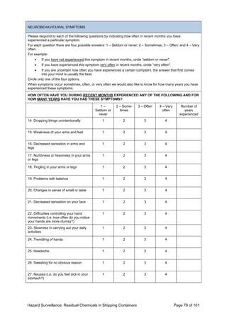 Hazard Surveillance: Residual Chemicals in Shipping Containers Page 79 of 101
NEUROBEHAVIOURAL SYMPTOMS
Please respond to each of the following questions by indicating how often in recent months you have
experienced a particular symptom.
For each question there are four possible answers: 1 – Seldom or never; 2 – Sometimes; 3 – Often; and 4 – Very
often.
For example:
• If you have not experienced this symptom in recent months, circle “seldom or never"
• If you have experienced this symptom very often in recent months, circle “very often".
• If you are uncertain how often you have experienced a certain complaint, the answer that first comes
into your mind is usually the best.
Circle only one of the four options.
When symptoms occur sometimes, often, or very often we would also like to know for how many years you have
experienced these symptoms.
HOW OFTEN HAVE YOU DURING RECENT MONTHS EXPERIENCED ANY OF THE FOLLOWING AND FOR
HOW MANY YEARS HAVE YOU HAD THESE SYMPTOMS?
1 –
Seldom or
never
2 – Some-
times
3 – Often 4 – Very
often
Number of
years
experienced
14. Dropping things unintentionally 1 2 3 4
15. Weakness of your arms and feet 1 2 3 4
16. Decreased sensation in arms and
legs
1 2 3 4
17. Numbness or heaviness in your arms
or legs
1 2 3 4
18. Tingling in your arms or legs 1 2 3 4
19. Problems with balance 1 2 3 4
20. Changes in sense of smell or taste 1 2 3 4
21. Decreased sensation on your face 1 2 3 4
22. Difficulties controlling your hand
movements (i.e. how often do you notice
your hands are more clumsy?)
1 2 3 4
23. Slowness in carrying out your daily
activities
1 2 3 4
24. Trembling of hands 1 2 3 4
25. Headache 1 2 3 4
26. Sweating for no obvious reason 1 2 3 4
27. Nausea (i.e. do you feel sick in your
stomach?)
1 2 3 4
 