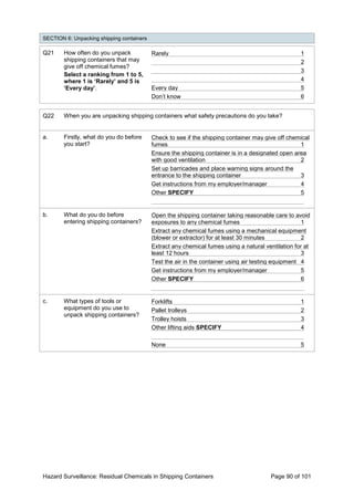 Hazard Surveillance: Residual Chemicals in Shipping Containers Page 90 of 101
SECTION 6: Unpacking shipping containers
Q21 How often do you unpack
shipping containers that may
give off chemical fumes?
Select a ranking from 1 to 5,
where 1 is ‘Rarely’ and 5 is
‘Every day’.
Rarely 1
2
3
4
Every day 5
Don’t know 6
Q22 When you are unpacking shipping containers what safety precautions do you take?
a. Firstly, what do you do before
you start?
Check to see if the shipping container may give off chemical
fumes 1
Ensure the shipping container is in a designated open area
with good ventilation 2
Set up barricades and place warning signs around the
entrance to the shipping container 3
Get instructions from my employer/manager 4
Other SPECIFY 5
b. What do you do before
entering shipping containers?
Open the shipping container taking reasonable care to avoid
exposures to any chemical fumes 1
Extract any chemical fumes using a mechanical equipment
(blower or extractor) for at least 30 minutes 2
Extract any chemical fumes using a natural ventilation for at
least 12 hours 3
Test the air in the container using air testing equipment 4
Get instructions from my employer/manager 5
Other SPECIFY 6
c. What types of tools or
equipment do you use to
unpack shipping containers?
Forklifts 1
Pallet trolleys 2
Trolley hoists 3
Other lifting aids SPECIFY 4
None 5
 