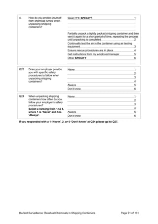 Hazard Surveillance: Residual Chemicals in Shipping Containers Page 91 of 101
d. How do you protect yourself
from chemical fumes when
unpacking shipping
containers?
Wear PPE SPECIFY 1
Partially unpack a tightly packed shipping container and then
vent it again for a short period of time, repeating the process
until unpacking is completed 2
Continually test the air in the container using air testing
equipment 3
Ensure rescue procedures are in place 4
Get instructions from my employer/manager 5
Other SPECIFY 6
Q23 Does your employer provide
you with specific safety
procedures to follow when
unpacking shipping
containers?
Never 1
2
3
4
Always 5
Don’t know 6
Q24 When unpacking shipping
containers how often do you
follow your employer’s safety
procedures?
Select a ranking from 1 to 5,
where 1 is ‘Never’ and 5 is
‘Always’.
Never 1
2
3
4
Always 5
Don’t know 6
If you responded with a 1-‘Never’, 2, or 6-‘Don’t know’ at Q24 please go to Q27.
 