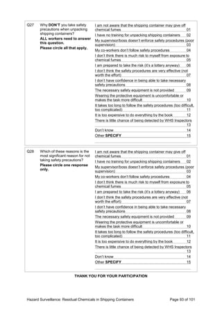 Hazard Surveillance: Residual Chemicals in Shipping Containers Page 93 of 101
Q27 Why DON’T you take safety
precautions when unpacking
shipping containers?
ALL workers need to answer
this question.
Please circle all that apply.
I am not aware that the shipping container may give off
chemical fumes 01
I have no training for unpacking shipping containers 02
My supervisor/boss doesn’t enforce safety procedures (poor
supervision) 03
My co-workers don’t follow safety procedures 04
I don’t think there is much risk to myself from exposure to
chemical fumes 05
I am prepared to take the risk (it’s a lottery anyway) 06
I don’t think the safety procedures are very effective (not
worth the effort) 07
I don’t have confidence in being able to take necessary
safety precautions 08
The necessary safety equipment is not provided 09
Wearing the protective equipment is uncomfortable or
makes the task more difficult 10
It takes too long to follow the safety procedures (too difficult,
too complicated) 11
It is too expensive to do everything by the book 12
There is little chance of being detected by WHS Inspectors
13
Don’t know 14
Other SPECIFY 15
Q28 Which of these reasons is the
most significant reason for not
taking safety precautions?
Please circle one response
only.
I am not aware that the shipping container may give off
chemical fumes 01
I have no training for unpacking shipping containers 02
My supervisor/boss doesn’t enforce safety procedures (poor
supervision) 03
My co-workers don’t follow safety procedures 04
I don’t think there is much risk to myself from exposure to
chemical fumes 05
I am prepared to take the risk (it’s a lottery anyway) 06
I don’t think the safety procedures are very effective (not
worth the effort) 07
I don’t have confidence in being able to take necessary
safety precautions 08
The necessary safety equipment is not provided 09
Wearing the protective equipment is uncomfortable or
makes the task more difficult 10
It takes too long to follow the safety procedures (too difficult,
too complicated) 11
It is too expensive to do everything by the book 12
There is little chance of being detected by WHS Inspectors
13
Don’t know 14
Other SPECIFY 15
THANK YOU FOR YOUR PARTICIPATION
 