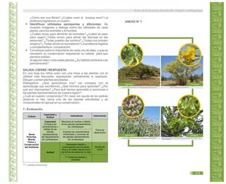 Criterio
Capacidad y
Actitud
Indicadores Instrumento
Actitud
Seres
Vivientes,
Mundo
Físico y
Conservación
del Ambiente
Capacidad
Compara las
características y
hábitat de las
plantas
representativas
del departamento
de Lambayeque.
Ficha de
observación
Escala de
Licket
Menciona el nombre y hábitat
de las plantas representativas
de Lambayeque.
Expresa las características
individuales y comunes de
las plantas representativas
de Lambayeque.
Demuestra interés y
preocupación por los seres
vivos y el medio natural como
una forma de preservar la vida.
T* Cuida las plantas y
animales.
¿Cómo son sus flores? ¿Cuáles viven el bosque seco? La
profesora registra en un cuadro.
Identifican utilidades semejantes y diferentes: Se
muestra imágenes y dialoga sobre las utilidades de cada
planta; para los animales y el hombre.
¿Cuáles sirven para alimento de animales? ¿cuáles se usan
para vigas?¿Todas sirven para aliviar las diarreas en las
personas? ¿Todas pueden dar sombra? ¿Todas nos brindan
oxígeno?¿Todas alivian el reumatismo? La profesora registra
y complementa la comparación.
Conversan sobre lo importante de cada una de ellas, y que es
necesario su conservación respetando su hábitat para que
siempre existan.
Si alguien tala o corta estas plantas ¿Su hábitat cambiará o se
permanecerá?
SALIDA/ CIERRE / RESPUESTA:
En una hoja los niños unen con una línea a las plantas con la
utilidad más frecuente, expresando verbalmente lo realizado.
Dibujan y pintan plantas estudiadas.
Dialogamos: ¿Qué aprendimos hoy? (se compara con el
aprendizaje que escribimos) ¿Qué hicimos para aprender? ¿Por
qué son importantes? ¿Para qué hemos aprendido a reconocer a
las plantas representativas de nuestra región?
¿Cuál es nuestro compromiso? En casa con ayuda de los padres
observar si hay cerca una de las plantas estudiadas y se
comprometen en apoyar en su conservación.
7.- Evaluación.
T* = práctica transversal.
http://www.perutoptours.com/index19pi_algarrobo.html
Algarrobo
http://www.apnsac.org/?p=19
Palo Verde
http://natuculturaconservacion.blogspot.com/2010/05/
Pajaro Bobo
ANEXO N° 1
http://www.prodarnet.org/photo/flores‐y‐frutos‐de‐hualtaco?xg_
source=activity
Hualtaco
Guía de Educación Ambiental - Región Lambayeque
113
 