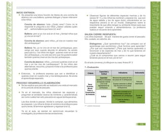 Criterio
Capacidad y
Actitud
Indicadores Instrumento
Actitud
Seres
Vivientes,
Mundo
Físico y
Conservación
del Ambiente
Capacidad
Identifica la diversidad
de especies marinas
y de río del
departamento de
Lambayeque.
Ficha de
observación
Escala de
Lickert
Menciona tres peces del mar y
dos peces de río lambayecano.
Expresa oralmente la utilidad
más frecuente de los peces
lambayecanos.
Demuestra curiosidad por la
biodiversidad acuática del
departamento de Lambayeque
T* Cuida las plantas y
animales.
INICIO / ENTRADA:
Se presenta una breve función de títeres de una concha de
abanico con una ballena, quienes dialogan y hacen intervenir
a los niños:
Concha de abanico: hola ¿Quién eres? Como no le
responde le pregunta a los niños ¿Saben ustedes quién
es? …señora ballena que hace Ud. acá?
Ballena: pero si yo vivo acá en el mar ¿Verdad niños que
yo vivo en el mar?
Concha de abanico: pero niños ¿el vive en nuestro mar
de Lambayeque?
Ballena: No, yo no vivo en el mar de Lambayeque, pero
vengo por aquí cuando abunda mi alimento, he venido
para que tú y los niños me digan quienes viven en el mar
de Lambayeque, y no solo eso sino que me gustaría saber
también quienes viven en los ríos de Lambayeque…
Concha de abanico: niños, ¿conocen quiénes viven en el
mar y en los ríos de Lambayeque?. Si los niños dan
alternativas, escucha y propone invitar a la profesora para
que los oriente.
Entonces, la profesora expresa que van a identificar a
quienes viven en nuestro mar y ríos lambayecanos. Se anota
el aprendizaje esperado.
PROCESO / DESARROLLO / ELABORACIÓN:
Se les explica que para ello se realizará una visita al mercado
en la zona de venta de pescado.
Ya en el mercado, los niños observan las especies y
preguntan al vendedor acerca de nombres y características
así como cuáles han sido pescados en aguas lambayecanas.
Les dice donde lo pescan, donde lo compran, que alimentos
se preparan. Los niños le dictan el nombre a la profesora para
que lo anote.Al terminar agradecen y regresan a la I.E.
Ya en el aula, se sientan en semicírculo recuerdan lo
investigado y la profesora lee las anotaciones.
Observan figuras de diferentes especies marinas y de río
(anexo N° 1), y los niños los nombran y separan los que son
de agua salada y los de agua dulce colocándolos en su
respectiva pecera (o en un mural). Dialogamos sobre lo
importante de que ellos tengan su ambiente limpio para que
puedan seguir viviendo y alimentándonos. La profesora
realiza un recuento de lo aprendido
SALIDA/ CIERRE / RESPUESTA:
Los niños expresan de qué manera les gusta comer el pescado:
frito, sudado, en cebiche, etc.
Dialogamos: ¿Qué aprendimos hoy? (se compara con el
aprendizaje que escribimos) ¿Qué hicimos para aprender?
¿Por qué son importantes? ¿Para qué hemos aprendido a
reconocer a las especies de mar y de río que tenemos en
nuestro departamento?
¿Cuál es el compromiso que vamos a asumir para seguir
teniendo peces en el mar y en el río?
En el aula conversa y lo dibuja en su casa.Anexo N° 2
7.- Evaluación.
T* = práctica transversal.
Guía de Educación Ambiental - Región Lambayeque
115
 
