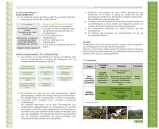6.- Proceso Didáctico.
INICIO/ENTRADA:
Se presenta el texto recreado a partir de la canción “Mi Perú”,
para luego entonarlo en forma colectiva.
Mi Lambayeque
Con mi familia en Lambayeque
vivo feliz.
Conservando su flora y fauna
soy muy feliz.
Nuestro mar frío, su bosque seco
y sus desiertos de mi región.
Ceja de Selva alta hermosa,
ecosistemas que hay que cuidar.
Adaptación: Gabriela y Alesandra M.
Se les preguntará sobre el texto:
¿Qué entiendes por ecorregión?
¿Cuáles son las ecorregiones que
comprenden al departamento de
Lambayeque?
¿Cómo es la flora de
Lambayeque?
¿Cómo es la fauna de
Lambayeque?
¿Qué otras ecorregiones hay en el
Perú?
PROCESO/DESARROLLO/ ELABORACIÓN:
Se organiza a los estudiantes en grupos de trabajo para
formar rompecabezas a manera de tangramas con los
nombres de las ecorregiones del Perú.
1.-MAR FRÍO DE LA
CORRIENTE PERUANA
2. MAR TROPICAL 3.-BOSQUE TROPICAL
DEL PACÍFICO
4. BOSQUE SECO
ECUATORIAL
5. DESIERTO DEL
PACÍFICO
6.SERRANÍA
ESTEPARIA
7. PUNA Y LOS ALTOS
ANDES
8. PÁRAMO 9. BOSQUES DE LA
SELVA ALTA.
10. BOSQUE TROPICAL
AMAZÓNICO O SELVA
BAJA
11. SABANA DE
PALMERAS
Se presenta un mapa de las once ecorregiones. Ubican
Lambayeque y señalan las ecorregiones que la comprenden.
Se dialoga sobre las ecorregiones a través de preguntas:
¿Cuántas son? ¿Cuáles son? ¿Cuáles comprende
Lambayeque?
Se presenta información en el texto “Ecorregiones que
comprenden al Departamento de Lambayeque” en una ficha
informativa y cortos de vídeo, imágenes en su XO o en tiras de
cartulina o de papel características de las ecorregiones para
que los estudiantes, con la ayuda del profesor, las relacionen
con los nombres respectivos de cada ecorregión que
comprende al departamento de Lambayeque.
Registran información en una matriz precisando los
elementos de la flora y fauna de cada una de las
ecorregiones: El Mar Frío del Pacífico, Desierto del Pacífico,
Bosque Seco Ecuatorial, SelvaAlta.
Dialogan sobre la importancia de cuidar la biodiversidad en
las ecorregiones y crean textos con imágenes alusivos al
cuidado de las ecorregiones en nuestro departamento.
Se sistematiza mediante un mapa parlante de las
ecorregiones.
Se plantea que averigüen las características de las 11
ecorregiones del Perú.
SALIDA
Reflexionan sobre ¿En qué les ayudó a conocer las ecorregiones
de Lambayeque?¿ Para qué sirve lo aprendido?
Asumen compromisos para buscar información adicional sobre la
flora y fauna de las ecorregiones de Lambayeque para compartir la
próxima clase y con los amigos y familia.
7. Evaluación.
T* = práctica transversal.
Guía de Educación Ambiental - Región Lambayeque
119
Seres
vivientes y
conservación
del ambiente.
Actitudes
ante el Área
Criterio
Capacidad y
Actitud
Indicadores Instrumento
Actitud
Capacidad
Identifica las
ecorregiones que
comprenden al
departamento de
Lambayeque.
Ejercicio
práctico
Lista de
cotejo
Nombra las ecorregiones de
Lambayeque.
Registra elementos de la flora y
fauna de las ecorregiones que
comprenden al departamento
de Lambayeque en un mapa
parlante.
Demuestra interés por conocer
y conservar la flora y fauna de
Lambayeque.
T* Cuida las plantas y
animales.
 