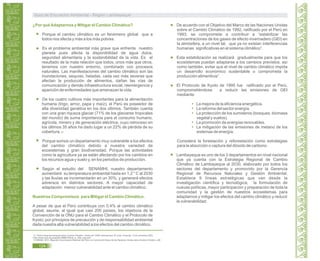 ¿Por quéAdaptarnos y Mitigar el Cambio Climático?
Porque el cambio climático es un fenómeno global que a
todos nos afecta y más a los más pobres.
Es el problema ambiental más grave que enfrenta nuestro
planeta pues afecta la disponibilidad de agua dulce,
seguridad alimentaria y la sostenibilidad de la vida. Es el
resultado de la mala relación que todos, unos más que otros,
tenemos con nuestro entorno, combinado con procesos
naturales. Las manifestaciones del cambio climático son las
inundaciones, sequías, heladas, cada vez más severas que
afectan la producción de alimentos, dañan las vías de
comunicación y demás infraestructura social, reemergencia y
aparición de enfermedades que amenazan la vida.
De los cuatro cultivos más importantes para la alimentación
humana (trigo, arroz, papa y maíz), el Perú es poseedor de
alta diversidad genética en los dos últimos. También cuenta
con una gran riqueza glaciar (71% de los glaciares tropicales
del mundo) de suma importancia para el consumo humano,
agrícola, minero y de generación eléctrica, cuyo retroceso en
los últimos 35 años ha dado lugar a un 22% de pérdida de su
cobertura. 27
Porque somos un departamento muy vulnerable a los efectos
del cambio climático debido a nuestra variedad de
ecosistemas y gran biodiversidad. Porque las actividades
como la agricultura ya se están afectando por los cambios en
los recursos agua y suelo y, en los periodos de producción.
Según el estudio del SENAMHI, nuestro departamento
aumentará su temperatura ambiental hasta en 1,2 ° C al 2030
y las lluvias se incrementarán en un 30%; y generará efectos
adversos en distintos sectores. A mayor capacidad de
adaptación menor vulnerabilidad ante el cambio climático.
Nuestros Compromisos para Mitigar el Cambio Climático.
A pesar de que el Perú contribuye con 0,4% al cambio climático
global, asume, al igual que casi 200 países, los objetivos de la
Convención de la ONU para el Cambio Climático y el Protocolo de
Kyoto; por principios de precaución y de responsabilidad ambiental
dada nuestra alta vulnerabilidad a los efectos del cambio climático.
De acuerdo con el Objetivo del Marco de las Naciones Unidas
sobre el Cambio Climático de 1992, ratificado por el Perú en
1993; se compromete a contribuir a “estabilizar las
concentraciones de los gases de efecto invernadero (GEI) en
la atmósfera, a un nivel tal, que ya no existan interferencias
humanas significativas en el sistema climático”.
Esta estabilización se realizará gradualmente para que los
ecosistemas puedan adaptarse a los cambios previstos, así
como también, evitar que el nivel de cambio climático impida
un desarrollo económico sustentable o comprometa la
producción alimenticia”.
El Protocolo de Kyoto de 1995 fue ratificado por el Perú,
comprometiéndose a reducir las emisiones de GEI
mediante:
La mejora de la eficiencia energética.
La reforma del sector energía.
La protección de los sumideros (bosques, biomasa
vegetal y suelos).
La promoción de energías renovables.
La mitigación de las emisiones de metano de los
sistemas de energía.
Considera la forestación y reforestación como estrategias
para la absorción o captura del dióxido de carbono.
Lambayeque es uno de los 3 departamentos en nivel nacional
que ya cuenta con la Estrategia Regional de Cambio
Climático de Lambayeque al 2030, elaborado por todos los
sectores del departamento y promovido por la Gerencia
Regional de Recursos Naturales y Gestión Ambiental.
Establece 9 líneas estratégicas que van desde la
investigación científica y tecnológica, la formulación de
nuevas políticas, mayor participación y preparación de toda la
comunidad y la gestión de nuestros ecosistemas para
adaptarnos y mitigar los efectos del cambio climático y reducir
la vulnerabilidad.
26. Panel Intergubernamental sobre Cambio Climático. Citado por CARE Internacional. El Línea. Consulta: 13 de noviembre 2022.
<http://www.care.org.pe/pdfs/CAMBIO/What_Is_CBA_web.pdf>
MINAM. 2010. Segunda Comunicación Nacional del Perú a la Convención Marco de las Naciones Unidas sobre Cambio Climático. p3626.
Guía de Educación Ambiental - Región Lambayeque
124
 