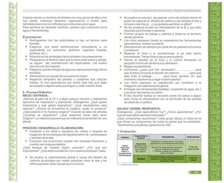 Cuando vemos un territorio de árboles con muy pocos de ellos o los
han talado, entonces debemos organizarnos e insistir para
reforestar esa zona con árboles que consuman poco agua.
Para sembrar se necesita: territorio, plantas que consumen poca
agua y herramientas.
El proceso es:
Averiguamos con las autoridades si hay un terreno para
forestar.
Elegimos qué árbol sembraremos consultando a un
especialista (un comunero, jardinero, ingeniero forestal,
profesor, etc.).
Adquirimos los almácigos de los árboles o los preparamos.
Preparamos el terreno para que la tierra este suave y pareja,
se siguen las orientaciones del especialista. Los suelos
oscuros son los mejores.
Elegimos qué tecnología de agua se usará para el riego de los
arbolitos.
Sembramos con ayuda de una persona mayor.
Regamos temprano las plantas y cuidamos que crezcan
fuertes. Si nos ausentamos por varios días hay que dejar
encargado a alguien para que riegue y cuide nuestro árbol.
6.- Proceso Didáctico
INICIO / ENTRADA:
-Salimos al patio de la I.E o a algún parque cercano y realizamos
ejercicios de inspiración y espiración. Dialogamos: ¿Qué gases
inspiramos y qué gases espiramos? ¿Qué necesitamos para
respirar? ¿Dónde se encuentra el oxígeno, quién lo produce?
¿Qué pasaría si no hubiera oxígeno? Cuando se talan los árboles
¿Quiénes se perjudican? ¿Qué debemos hacer para tener
oxígeno? La maestra expresa que se realizará el sembrado de una
planta.
PROCESO / DESARROLLO / ELABORACIÓN:
Invitación a los niños a visualizar los vídeos o muestra de
imágenes de los bosques del departamento de Lambayeque
y también de la tala.
Expresan sus emociones cuando ven bosques frondosos y
cuando ven bosques talados.
¿Qué bosque de nuestra región conoces? ¿Por qué son
importantes? ¿Qué está sucediendo con nuestros bosques? (tala).
Se explica el calentamiento global a causa del dióxido de
carbono acumulado por malas prácticas como la tala y los
niños expresan otras causas que conozcan.
Se explica la solución: las plantas como los árboles tienen el
poder de capturar al dióxido de carbono y así limpian el aire y
lo hacen más fresco. ¿Les gustaría sembrar un árbol?
Se les presenta el plan de reforestación de la IE y que todo
está listo para forestar o sembrar.
Forman grupos de trabajo y salimos a observar el territorio
donde sembrar.
Los niños expresan desde su experiencia las herramientas
para sembrar, reciben su planta.
Demostración de siembra por parte de los padres/comuneros
o profesora.
Realizan el hoyo o lo acondicionan si ya está hecho
previamente.Tienen lista el agua para la planta.
Ubican el arbolito en el hoyo y lo cubren formando un
pequeño montículo de tierra a su alrededor.
Riegan escasamente.
Conversan ¿para qué han sembrado?....................... para
que el árbol consuma el dióxido de carbono. ………,para que
esté lindo el paisaje……. , para tener sombra…En qué
momento volveremos a regar nuestra planta?
Los niños expresan su satisfacción por contribuir a la
mitigación del calentamiento global.
Entregan las herramientas (badilejo, recipiente de agua, etc.)
y se lavan las manos con jabón.
El (la) docente realiza un recuento sobre los pasos a seguir
para iniciar la reforestación con el sembrado de las plantas
ayudada de un gráfico.
SALIDA/ CIERRE / RESPUESTA:
Dialogamos: ¿Qué aprendimos hoy? ¿Cómo aprendimos? ¿Por
qué es importante sembrar/reforestar?
¿Qué compromiso asumimos? Cada grupo dibuja un árbol en el
que firman su compromiso de cuidar la planta que ha sembrado.
“Sembremos una planta y generemos vida”
7. Evaluación.
T* = práctica transversal.
Guía de Educación Ambiental - Región Lambayeque
135
Criterio
Capacidad y
Actitud
Indicadores Instrumento
Actitud
Seres
Vivientes,
Mundo
Físico y
Conservación
del Ambiente
Capacidad
Ejecuta el plan
de forestación
para captura
de carbono.
Ficha de
observación
Lista de
cotejo
Participa en el sembrado de una planta
siguiendo los procedimientos adecuados.
Menciona la tarea del árbol sembrado:
capturar el dióxido de carbono.
T* Practica medidas de mitigación al
cambio climático.
Demuestra interés y preocupación por las
plantas y su hábitat como una forma de
preservar la vida.
 