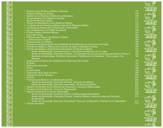 Gestión de los Residuos Sólidos y Efluentes.
Residuos Sólidos en el Perú.
Gestión de los Residuos Sólidos en Lambayeque.
Comportamiento que Debemos Cambiar.
Clases de Residuos Sólidos.
Tiempo de Degradación de los Residuos Sólidos.
La Gestión de los Residuos Sólidos Ciclo de los Residuos Sólidos.
Los Residuos Sólidos de la Construcción y Demolición.
Los Contenedores y el Código de Colores.
El Micro Relleno Sanitario Manual.
Las Cuatro Erres.
Prácticas para Reducir los Residuos Sólidos.
¿Cómo se hace el Papel?
Contaminación por Plástico
Procesos de Implementación de las Medidas de Ecoeficiencia en el Consumo de Papel.
Formato de Registro y Reporte de Consumo de papel y materiales Conexos.
Formato de Registro y Reporte de la Generación de Residuos Sólidos.
Sesión de Aprendizaje. Educación Inicial: “Colocamos los Residuos en su Lugar”.
Sesión de Aprendizaje. Educación Primaria: “Lo Necesario hay que Consumir para los Residuos Reducir”.
Sesiones de Aprendizaje. Educación Secundaria: “Clasificamos los Residuos”, “Vías Limpias, Vías
Seguras”
Gestión para la Mejora de la Calidad de los Recursos Aire y Suelo
El Suelo
Salinización del Suelo
El Aire
Lluvias Ácidas.
Destrucción de la capa de ozono.
Calidad del Aire en Chiclayo.
El Ruido
Prácticas para Reducir la Contaminación del Aire.
Sesión de Aprendizaje. Educación Primaria: “Mi Suelo se Saliniza”.
Sesión de Aprendizaje. Educación Secundaria: “Mi Suelo se Saliniza”.
Gestión y Promoción de los Patrones de Producción y Consumo Responsable.
Principios de la Producción y Consumo Responsable.
Algunas Prácticas de Consumo responsable.
Sesión de Aprendizaje. Educación Inicial: “La Bolsa Amiga del Ambiente”.
Sesión de Aprendizaje. Educación Primaria: “Nuestro Planeta Cuidamos si Algunos Productos
Rechazamos”.
Sesión de Aprendizaje. Educación Secundaria: “Consumo lo Necesario y Rechazo lo no Degradable”
Enlaces de Interés.
176
176
176
177
177
179
179
179
180
181
183
183
184
185
186
186
187
188
190
193
197
197
197
198
198
198
200
201
202
202
204
207
207
208
208
210
213
215
 