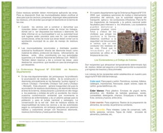 Estos residuos también deben minimizarse aplicando las erres.
Para su disposición final, las municipalidades deben zonificar el
área para que los vecinos y empresas, dispongan adecuadamente
los residuos, a fin de evitar que arrojen el desmonte en la berma de
las vías.
Cuando los vecinos van a construir o derrumbar sus
viviendas deben considerar antes de iniciar los trabajos,
dónde van a ser dispuestos los residuos o desmonte. Se
debe informar en su municipalidad o con su autoridad local
qué lugares están previstos para ese fin. Las empresas
constructoras, antes de iniciar sus obras deben contar con la
aprobación municipal de su plan de manejo de residuos
sólidos.
Las municipalidades provinciales y distritales pueden
autorizar la reutilización directa del desmonte limpio como
material de relleno, protección de riberas, reforzamiento de
laderas, entre otros, coordinando con sus autoridades
superiores y el Instituto Nacional de Defensa Civil – INDECI.
También deben reservar y dar a conocer las áreas para
destinar los escombros que resulten en caso de emergencia
por desastres.
En las vías departamentales de Lambayeque ha proliferado
la acumulación de residuos sólidos de la construcción o
desmonte principalmente en los llamados “puntos negros” o
críticos: Chiclayo – Ferreñafe, Chiclayo- San José y Chiclayo
– Monsefú. Esta situación genera inseguridad vial pues la
acumulación de residuos domiciliarios y de desmonte reduce
el área de la berma, obstaculizando y poniendo en alto riesgo
a los peatones y ciclistas de sufrir un accidente. Asi mismo
ocasiona contaminación ambiental que incrementa la
incidencia de enfermedades y da un pésimo paisaje para la
población y para el turista nacional y extranjero. La
conservación de la red vial libre de residuos sólidos es
responsabilidad de todos los vecinos y de las autoridades
según su competencia, sin embargo personas con pésimos
hábitos y costumbres arrojan con frecuencia desmonte,
residuos domiciliarios y hasta queman llantas.
La Ordenanza Regional Nº 018-2009 en Nuestro
Departamento
En nuestro departamento rige la Ordenanza Regional Nº 018-
2009, que establece sanciones de multas e internamiento
preventivo del vehículo, que la autoridad regional del
transporte aplica a los conductores infractores. Para tal fin
los inspectores de transporte y la policía nacional están
facultados para intervenir a los infractores. Los ciudadanos
p u e d e n d e n u n c i a r y
presentar pruebas como
fotos y vídeos de los
choferes que arrojan los
residuos a la berma.
Debemos contribuir a la
seguridad vial denunciando
si vemos que un mal
conductor tira residuos en
las vías. Prevé que lo
r e c a u d a d o p o r l a s
sanciones se utilice en la
limpieza de las vías.
Son recipientes que almacenan temporalmente determinado tipo
de residuo; deben ser seguros y con tapa para evitar su exposición
y el ingreso de insectos y otros animales.
Los colores de los recipientes están establecidos en nuestro país
según la NTP900-058 del Indecopi.
Para papel y cartón: Periódicos, revistas, folletos,
catálogos, impresiones, fotocopias, papel, sobres, cajas de
cartón, guías telefónicas, etc.
Para plástico: Envases de yogurt, leche,
alimentos, etc. Botellas de bebidas gaseosas, aceite,
comestibles, detergente, champú. Empaques o bolsas de
fruta, verdura y huevos, entre otros.
Para orgánicos: Restos de la preparación de
alimentos, de comida, de jardinería o similares.
Para metales: Latas de conservas, café,
leche, gaseosa, cerveza. Tapas de metal, envases de
alimentos y bebidas, etc.
Los Contenedores y el Código de Colores.
Color azul:
Color blanco:
Color marrón:
Color amarillo:
51. MVCS.2009. Reglamento para la Gestión de Residuos Sólidos de la Construcción y la Demolición. [a la fecha en proceso de aprobación] .
blog.lambayeque.net
Guía de Educación Ambiental - Región Lambayeque
180
 