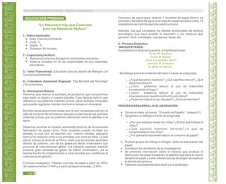 “Lo Necesario hay que Consumir,
para los Residuos Reducir”
1.- Datos Generales:
Área: Ciencia yAmbiente.
Ciclo: V.
Grado: 5°.
Duración: 90 minutos.
2.- Capacidad yActitud:
Reduce el consumo de papel en actividades escolares.
Toma la iniciativa en el uso responsable de sus materiales
educativos.
3.- Tema Transversal: Educación para la Gestión de Riesgos y la
ConcienciaAmbiental.
4.- Calendario Ambiental Regional: “Día Mundial del Reciclaje”
(15 noviembre).
5.- Información Básica:
Tenemos que reducir la cantidad de productos que consumimos
para darle un respiro a nuestro planeta. Para fabricar todo lo que
utilizamos necesitamos materias primas, agua, energía, minerales
que pueden agotarse o tardar muchísimo tiempo en renovarse.
Muchas veces adquirimos cosas que no son necesarias sólo por el
afán de comprar. No pensamos que para su fabricación se precisan
materias primas que no podemos derrochar como el petróleo o el
agua.
Debemos recordar el impacto ambiental producto de la necesaria
fabricación de papel como: Todo empieza cuando se talan los
árboles, lo cual sino se reponen con nuevos árboles, perjudica
tanto a los bosques como a los animales que viven en ellos. La tala
afecta incluso el clima de la Tierra, dado que los árboles absorben
dióxido de carbono, uno de los gases de efecto invernadero que
provocan el calentamiento global. (La industria papelera además
produce gran cantidad de gases de efecto invernadero; ¡es la
tercera fuente de contaminación a nivel mundial que contribuye al
calentamiento global!).
Consumo energético: Obtener una hoja de papel a partir de 100%
de madera precisa 17 W/h y a partir de papel reciclado, 12 W/h.
Consumo de agua (para obtener 1 tonelada de papel blanco se
precisan 2 tonelada de agua si se trata de papel reciclado o bien 15
toneladas si se trata de papel de pasta química).
Además, hay que considerar los efectos ambientales del entorno
tecnológico que hace posible la impresión y los residuos que
generan: tóner, embalajes, impresoras, faxes, etc.
6.- Proceso Didáctico:
INICIO/ENTRADA:
Se presenta un texto en la pizarra a manera de rimas:
- Se dialoga sobre el contenido del texto a través de preguntas:
¿A qué llamamos residuos? ¿Qué significa reducir? ¿Qué
debemos reducir?
¿Cómo podemos reducir el uso de materiales
innecesarios el hogar?
¿Cómo podemos reducir el uso de materiales
innecesarios en nuestra institución educativa?
¿Podemos reducir el uso de papel? ¿Cómo lo haremos?
PROCESO/DESARROLLO/ ELABORACIÓN:
Se narra o leen el cuento “El sueño de Papelín” (Anexo 01).
Se genera un diálogo a través de preguntas:
¿Por qué estaban tristes las niñas? ¿Sobre qué trataba el
video?
¿Qué sucedió mientras dormían?¿A qué se
comprometieron los niños?
¿Por qué será importante reducir el consumo de papel?
Forman grupos de trabajo e indagan sobre la elaboración del
papel.
Socializan los resultados de su investigación.
Se presenta información sobre el impacto que produce la
fabricación de papel resaltando la relación que tiene el hecho
de fabricar papel y cortar árboles que se encargan de capturar
el dióxido de carbono.
Obtienen conclusiones de lo leído y lo manifiestan.
R con R residuos
R con R reducir
¿Qué nos puedes decir?
siempre al consumir
tu tarea es reducir.
EDUCACIÓN PRIMARIA
Guía de Educación Ambiental - Región Lambayeque
190
 