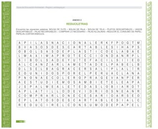 Encuentra las siguientes palabras: BOLSA DE YUTE – BOLSA DE PAJA – BOLSA DE TELA – PLATOS DESCARTABLES – VASOS
DESCARTABLES – PILAS RECARGABLES – COMPRAR LO NECESARIO – PILAS ALCALINAS –REDUCIR EL CONSUMO DE PAPEL-
PAPELÍN- CORTAR ÁRBOLES.
A P I L A S N A C I O N A L E R K F P O G T M
B V A S O S D E S C A R T A B L E S I H A P S
O B O L S A S D E P L A S T I C O E L A B A E
L M A X I M A P R O T E C C I O N D A N R P L
S I B O L S A D E Y U T E F A C I L S I I E O
A L C A N Z A R L A M E T A D E L P A B E L B
D L S E L B A G R A C E R S A L I P L A L Í R
E O U N I D O S P O R E L P E R U A C L A N A
P N O N A E C O L E R O P R A G E V A N P E R
A E S T U D I E M O S A M B I E T E L E A P A
J S P A L M E A L E T E D A S L O B I A R D T
A P L A T I L L O D E V I D R I O S N E A N R
C O M P R A R L O N E C E S A R I O A R S E O
E P L A T O S D E S C A R T A B L E S I A L C
R E D U C I R E L C O N S U M O D E P A P E L
REDUCILETRAS
ANEXO 2
Guía de Educación Ambiental - Región Lambayeque
192
 