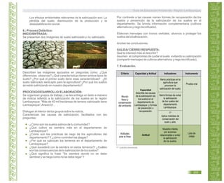 Guía de Educación Ambiental - Región Lambayeque
Los efectos ambientales relevantes de la salinización son: La
pérdida del suelo, disminución de la producción y la
desestabilización social.
6.- Proceso Didáctico:
INICIO/ENTRADA:
Se presentan dos imágenes de suelo salinizado y no salinizado.
Describen las imágenes apoyados en preguntas como: ¿Qué
diferencias observas? ¿Qué características tienen ambos tipos de
suelo? ¿Por qué el primer suelo tiene esas características? ¿El
suelo salinizado será apto para la agricultura?¿Por qué los suelos
se están salinizando en nuestro departamento?
PROCESO/DESARROLLO/ ELABORACIÓN:
Se organizan grupos de trabajo y se les entrega un texto a manera
de noticia referido a la salinización de los suelos en la región
Lambayeque: “Más de 40 mil hectáreas de terreno salinizado tiene
Lambayeque”-Anexo 01.
Dialogan al interior de los grupos sobre la noticia.
Caracterizan las causas de salinización; facilitados con las
preguntas:
¿Cómo son los suelos salinos de tu comunidad?
¿Qué cultivo se siembra más en el departamento de
Lambayeque?
¿Cómo son las prácticas de riego de los agricultores del
departamento?Y¿cómo controlan las plagas?
¿Por qué se salinizan los terrenos en el departamento de
Lambayeque?
¿Qué sucederá con la siembra en estos terrenos?/ ¿Cuáles
son las consecuencias de la salinización de los suelos?
¿Qué significa la frase “Se siembra donde no se debe
sembrar y se riega como no se debe regar”?
Por contraste a las causas narran formas de recuperación de los
suelos y prevención de la salinización de los suelos en el
departamento. Se brinda información complementaria (cultivos
alternativos y riego tecnificado).
Elaboran mensajes con iconos verbales, alusivos a proteger los
suelos de la salinización.
Anotan las conclusiones.
SALIDA/ CIERRE/ RESPUESTA:
Qué te interesó más al describir?
Asumen el compromiso de cuidar el suelo evitando su salinización
(compartir mensajes de cultivos alternativos y riego tecnificado).
7. Evaluación.
203
T* = práctica transversal.
Criterio Capacidad y Actitud Indicadores Instrumento
Mundo
físico y
conservación
del ambiente
Actitudes
ante el Área
Capacidad
Describe las causas
de la salinización de
los suelos en el
departamento de
Lambayeque y formas
de prevención o
recuperación.
Actitud
Narra prácticas en la
agricultura que
provocan la
salinización del suelo.
Narra formas de evitar
la salinización
de los suelos del
departamento
Lambayeque.
Muestra interés
por acciones
relacionadas a evitar
la salinización
de los suelos.
T*
Aplica medidas de
conservación del
suelo y aire.
Prueba oral
Lista de
cotejo
 
