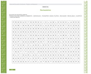Guía de Educación Ambiental - Región Lambayeque
Encuentra las siguientes palabras:
PRODUCTOS QUE DAÑAN EL AMBIENTE – AEROSOLES – TECNOPOR- VASOS- PLATOS – RECHAZAR - RECICLABLE - CUARTA R
– DESCARTABLES.
ANEXO 02:
Rechazaletras
P R O D U C T O S R E C I C L A B L E S D E L A R E D
C A M I N A B A P O R E L A E R O P U E R T O C O N E
O N D A S S O E N O R A S Q U E L L E G A N P A R A D
R E C O R D A R R E C H A Z A R A E R O N A V E S E X
P R O D U C T O S Q U E D A Ñ A N E L A M B I E N T E
O T R A V E Z S E L M E D I O D E S C A R T A B L E S
R A P I D O C O M P A R T I R A R B O L E S S A N O S
A T E C N I C L A D E L D E S T L A C I O B A G U A N
C U A R T A R E E R O D E E S X R O P O N C E T I E M
I N S T I T U S C I O N E S E S C O L A R E S D R A A
O L V I D A R L A S L U C E S E N C E N D I D A S P N
N U N C A T A L E S P L A N T A S V E R E M O S L I O
A V S O S A V J A P L A T O S T S O O P L A S O S P A
212
 