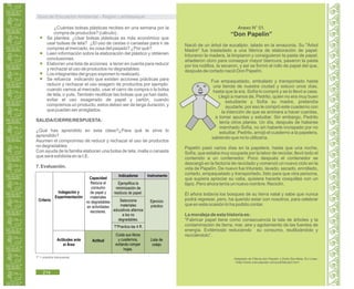 Guía de Educación Ambiental - Región Lambayeque
¿Cuántas bolsas plásticas recibes en una semana por la
compra de productos? (cálculo) .
Se plantea: ¿Usar bolsas plásticas es más económico que
usar bolsas de tela? ¿El uso de cestas o canastas para ir de
compras al mercado, es cosa del pasado? ¿Por qué?
Leen información sobre la elaboración del plástico y obtienen
conclusiones.
Elaboran una lista de acciones a tener en cuenta para reducir
y rechazar el uso de productos no degradables.
Los integrantes del grupo exponen lo realizado.
Se refuerza indicando que existen acciones prácticas para
reducir y rechazar el uso exagero de productos por ejemplo:
cuando vamos al mercado, usar el carro de compra o la bolsa
de tela, o yute. También reutilizar las bolsas que ya han dado,
evitar el uso exagerado de papel y cartón, cuando
compremos un producto, estos deben ser de larga duración, y
que puedan ser arreglados.
SALIDA/CIERRE/RESPUESTA:
¿Qué has aprendido en esta clase?¿Para qué te sirve lo
aprendido?
Asumen el compromiso de reducir y rechazar el uso de productos
no degradables
Con ayuda de la familia elaboran una bolsa de tela, malla o canasta
que será exhibida en la I.E.
7. Evaluación.
T* = práctica transversal.
Anexo N° 01.
“Don Papelín”
Nació de un árbol de eucalipto, talado en la amazonia. Su "Árbol
Madre" fue trasladado a una fábrica de elaboración de papel:
trituraron la madera, la limpiaron y consiguieron la pasta de papel;
añadieron cloro para conseguir mayor blancura, pasaron la pasta
por los rodillos, la secaron, y así se formó el rollo de papel del que,
después de cortado nació Don Papelín.
Fue empaquetado, embalado y transportado hasta
una tienda de nuestra ciudad y estuvo unos días,
hasta que la sra. Sofía lo compró y se lo llevó a casa.
Llegó a manos de, Pedrito, quien no era muy buen
estudiante y Sofía su madre, pretendía
ayudarle; por eso le compró este cuaderno con
la intención de que se animara a hacer cuentas,
a tomar apuntes y estudiar. Sin embargo, Pedrito
tenía otros planes. Un día, después de haberse
marchado Sofía, no sin haberle increpado por no
estudiar, Pedrito, arrojó el cuaderno a la papelera,
sabiendo que no lo utilizaría.
Papelín pasó varios días en la papelera, hasta que una noche,
Sofía, que estaba muy ocupada por la labor de reciclar, llevó todo el
contenido a un contenedor. Poco después el contenedor se
descargó en la factoría de reciclado y comenzó un nuevo ciclo en la
vida de Papelín. De nuevo fue triturado, lavado, secado, enrollado,
cortado, empaquetado y transportado, listo para que otra persona,
que supiera apreciar su valía, quisiera hacerle cosquillas con un
lápiz. Pero ahora tenía un nuevo nombre: Reciclín.
Él añora todavía los bosques de su tierra natal y sabe que nunca
podrá regresar, pero, ha querido estar con nosotros, para celebrar
que en esta ocasión lo ha podido contar.
La moraleja de esta historia es:
"Fabricar papel tiene como consecuencia la tala de árboles y la
contaminación de tierra, mar, aire y agotamiento de las fuentes de
energía. Evitémoslo reduciendo su consumo, reutilizándolo y
reciclándolo”.
Adaptado de Fábula don Papelín y Doña Servilleta. En Línea:
<http://www.manueljodar.com/pua/fabula3.htm>
214
InstrumentoIndicadores
Criterio
Indagación y
Experimentación
Actitudes ante
el Área
Capacidad
Reduce el
consumo
de papel y
materiales
no degradables
en actividades
escolares.
Actitud
Ejemplifica la
minimización de
residuos de papel.
Selecciona
materiales
educativos alternos
a los no
degradables.
T*Practica las 4 R.
Cuida sus libros
y cuadernos,
evitando romper
hojas.
Ejercicio
práctico
Lista de
cotejo
 