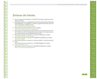 Guía de Educación Ambiental - Región Lambayeque
http://chiclayoactual.blogspot.com/2009/12/ecologia-depredacion-del-
bosque-de.html
http://web.worldbank.org/WBSITE/EXTERNAL/BANCOMUNDIAL/NE
WSSPANISH/0,,contentMDK:21100643~pagePK:64257043~piPK:43
7376~theSitePK:1074568,00.html
Banco Mundial Calentamiento Global.
http://www.youtube.com/watch?v=Zx_-EOJtffw
Experiencia de econegocio en Marayhuaca
http://www.minag.gob.pe/portal/notas-de-prensa/notas-de-prensa-
2011/6243-mas-de-10-mil-panetones-de-hongos-de-marayhuaca-se-
comercializara-durante-las-fiestas-de-fin-de-ano
http://www.youtube.com/watch?v=-atAy2Yc47s&feature=related
Día Nacional delAhorro de Energía.
http://www.youtube.com/watch?v=NsMM5FHqLS8&feature=related
Ahorro de energía
http://www.youtube.com/watch?v=ApCu6mVBSs0 Vídeo Electricidad-
Elías.
http://www.youtube.com/watch?v=_h5EQlI6Jfg&feature=related
Energía Eléctrica - Perú.
http://www.youtube.com/watch?v=Dwyt0IK2dC8&feature=related
Reducir consumo de la bolsa plástica.
Enlaces de Interés.
215
 