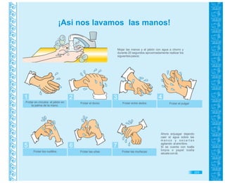 Guía de Educación Ambiental - Región Lambayeque
¡Asi nos lavamos las manos!
Mojar las manos y el jabón con agua a chorro y
durante 20 segundos aproximadamente realizar los
siguientes pasos:
1 2 3 4
5 6 7
Frotar en círculos el jabón en
la palma de la mano.
Frotar el dorso Frotar entre dedos Frotar el pulgar
Frotar los nudillos Frotar las uñas Frotar las muñecas
Ahora enjuagar dejando
caer el agua sobre las
m a n o s y s e c a r l a s
agitando al aire libre.
Si se cuenta con toalla
limpia o papel toalla
sécate con él.
223
 