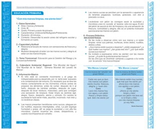 Guía de Educación Ambiental - Región Lambayeque
EDUCACIÓN PRIMARIA
“Con mis manos limpias, me siento bien”
1.- Datos Generales:
Área: Ciencia yAmbiente
Ciclo: III
Grado: Primero a sexto de primaria
Característica: Unidocente/Multigrado/Polidocente.
Duración: 45 minutos.
Contexto: Desarrollar la sesión antes del refrigerio escolar y
formando un ruedo.
2.- Capacidad yActitud:
Relaciona el lavado de manos con sensaciones de frescura y
alegría.
Muestra desagrado al estar con las manos sucias y alegría al
estar con las manos limpias.
3.- Tema Transversal: Educación para la Gestión del Riesgo y la
ConcienciaAmbiental.
4.- Calendario Ambiental Regional: “Día Mundial del Agua”/
“Día Mundial de la Salud”, “Semana Mundial del Lavado de
Manos”.
5.- Información Básica:
El niño está en constante movimiento y el juego es
indispensable para su desarrollo, por lo tanto está expuesto
a la contaminación del entorno. Es necesario que se lave las
manos correctamente en los momentos críticos (antes de
preparar los alimentos, antes de comer, después de ir al
baño, después de cambiar pañales, después de jugar,
después de tocar residuos, mascotas), para que consigan
una sensación de limpieza. Estar limpio es sentirse ágil,
alegre, fresco, despierto, atento y cómodo. En cambio la
suciedad le hará sentir triste, aburrido, incómodo, mal visto y
no rendirá en clases.
Las manos presentan hendiduras como surcos, pliegues en
los nudillos, espacios interdigitales, uñas. La piel segrega
humedad y grasa; allí se pega la suciedad y con ella los
microbios, cuando tocamos las cosas, desperdicios, y
cuando nos limpiamos al ir al baño.
Las manos sucias se perciben por la sensación o apariencia
de tenerlas pegajosas, sudosas, grasosas, con olor a
pescado o a caca.
Lavándose con jabón se consigue sacar la suciedad y
microbios y eso no sucede al lavarse sólo con agua. El olor
del jabón se asocia al olor de limpieza y da una sensación de
frescura, comodidad y alegría, ello es un potente motivador
para lavarse las manos con jabón.
6.- Proceso Didáctico.
INICIO/ENTRADA:
Se les invita a observar cómo son sus manos y si están
limpias: miran sus palmas, muñecas, entre dedos, nudillos,
dedos y uñas.
¿Sus manos están suaves o ásperas? ¿están pegajosas? ¿a
qué huelen sus manos? ¿les gusta ese olor? ¿por qué están
sucias sus manos?
Se invitará a expresarse cómo se sienten con las manos
sucias ¿A quién le gusta lavarse las manos?
Se les dirá que se divertirán cantando y jugando a la ronda
con la canción “mis manos limpias”
“Mis Manos Limpias” “Mis Manos Limpias”
Con la música del “arbolito” del
grupo Néctar
Con la música de María Isabel,
grupo Los Payos
Cada vez que yo lavo
mis manos con jabón
siento mucha frescura,
alegría, y buen olor.
Coro
Lavo mis manos hoy
con agua y con jabón
fresco y limpio estoy
qué bien me siento yo!
Mis manos están muy sucias,
qué mal que me siento yo!
ahora lavo mis manos
con agüita y con jabón.
Coro
¡Ahora yo me siento
limpio y feliz!
porque con jabón me lave así
si si limpio y feliz
con mis manos limpias
yo soy feliz.
Xenia Guerrero
238
 
