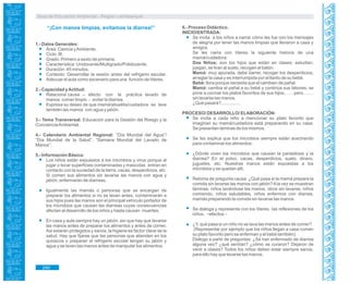Guía de Educación Ambiental - Región Lambayeque
“¡Con manos limpias, evitamos la diarrea!”
1.- Datos Generales:
Área: Ciencia yAmbiente.
Ciclo: III.
Grado: Primero a sexto de primaria.
Característica: Unidocente/Multigrado/Polidocente.
Duración: 45 minutos.
Contexto: Desarrollar la sesión antes del refrigerio escolar.
Adecuar el aula como escenario para una función de títeres.
2.- Capacidad yActitud:
Relaciona causa – efecto con la práctica lavado de
manos: comer limpio - evitar la diarrea.
Expresa su deseo de que mamá/abuelita/cuidadora se lave
también las manos con agua y jabón.
3.- Tema Transversal: Educación para la Gestión del Riesgo y la
ConcienciaAmbiental.
4.- Calendario Ambiental Regional: “Día Mundial del Agua”/
“Día Mundial de la Salud”, “Semana Mundial del Lavado de
Manos”.
5.- Información Básica:
Los niños están expuestos a los microbios y virus porque al
jugar o tocar superficies contaminadas y mascotas entran en
contacto con la suciedad de la tierra, cacas, desperdicios, etc.
Si comen sus alimentos sin lavarse las manos con agua y
jabón, enfermarán de diarreas.
Igualmente las mamás o personas que se encargan de
preparar los alimentos si no se lavan antes, contaminarán a
sus hijos pues las manos son el principal vehículo portador de
los microbios que causan las diarreas cuyas consecuencias
afectan al desarrollo de los niños y hasta causan muertes.
En casa y aula siempre hay un jabón, así que hay que lavarse
las manos antes de preparar los alimentos y antes de comer.
Asi estarán protegidos y sanos, la higiene es factor clave de la
salud. Hay que fijarse que las personas que atienden en los
quioscos o preparan el refrigerio escolar tengan su jabón y
agua y se laven las manos antes de manipular los alimentos.
6.- Proceso Didáctico.
INICIO/ENTRADA:
Se invita a los niños a narrar cómo les fue con los mensajes
de alegría por tener las manos limpias que llevaron a casa y
amigos.
Se les narra con títeres la siguiente historia de una
mamá/cuidadora:
Dos Niños: son los hijos que están en clases: estudian,
juegan, se tiran al suelo, recogen el balón.
Mamá: muy apurada, debe barrer, recoger los desperdicios,
arreglar la casa y es interrumpida por el llanto de su bebé.
Bebé: llora porque necesita que el cambien de pañal.
Mamá: cambia el pañal a su bebé y continúa sus labores, se
pone a cocinar los platos favoritos de sus hijos;……pero…….
sin lavarse las manos.
¿Qué pasará?...............
PROCESO/ DESARROLLO/ ELABORACIÓN:
Se invita a cada niño a mencionar su plato favorito que
imaginan su mamá/cuidadora está preparando en su casa.
Se presentan láminas de los mismos.
Se les explica que los microbios siempre están acechando
para contaminar los alimentos.
¿Dónde viven los microbios que causan la parasitosis y la
diarrea? En el polvo, cacas, desperdicios, suelo, dinero,
juguetes, etc. Nuestras manos están expuestas a los
microbios y se quedan allí.
Retoma de pregunta causa: ¿Qué pasa si la mamá prepara la
comida sin lavarse las manos con jabón?Ala vez se muestran
láminas: niños lavándose las manos, otros sin lavarse, niños
comiendo, niños saludables, niños enfermos con diarrea,
mamás preparando la comida sin lavarse las manos.
Se dialoga y representa con los títeres las reflexiones de los
niños, –efectos –
¿Y, qué pasa si un niño no se lava las manos antes de comer?
(Representar por ejemplo que los niños llegan a casa comen
su plato favorito pero se enferman y el bebé también).
Diálogo a partir de preguntas: ¿Se han enfermado de diarrea
alguna vez? ¿qué sentían? ¿cómo se curaron? Dejaron de
venir a clases? Todos los niños deben estar siempre sanos,
para ello hay que lavarse las manos.
240
 
