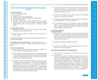 Guía de Educación Ambiental - Región Lambayeque
“¡Tener siempre jabón y disponer de agua segura a
chorro!”
1.- Datos Generales:
Área: Ciencia yAmbiente.
Ciclo: III – IV-V.
Grado: Primero a sexto de primaria.
Característica: Unidocente/Multigrado/Polidocente.
Duración: 45 minutos.
Contexto: Desarrollar la sesión adecuando el aula como
escenario para una función de títeres. Algunas madres/
padres deben estar allí para ayudar a preparar el jabón
líquido.
2.- Capacidad yActitud:
Describe el poder del jabón junto al agua para arrasar
microbios con el lavado de manos.
Toma la iniciativa para el cuidado de los recursos agua a
chorro y jabón.
3.- Tema Transversal: Educación para la Gestión del Riesgo y la
ConcienciaAmbiental.
4.- Calendario Ambiental Regional: “Día Mundial del Agua” /
“Día Mundial de la Salud”, “Semana Mundial del Lavado de
Manos”.
5.- Información Básica:
Los microbios no se ven a simple vista; pero se hallan en la
grasa y mugre que está pegada en las manos.
El jabón actúa junto al agua formando una mezcla poderosa
que al contacto con las manos rodea a las partículas de grasa
y mugre, removiéndola y entonces los microbios son también
arrasados por el agua del enjuague.
El agua y el aceite o grasa no se mezclan, por eso es que si
nos lavamos sólo con agua los microbios quedarán pegados
con la grasa en nuestras manos. En cambio, el jabón es la
sustancia que al contacto con el agua arrasa a la grasa y
microbios retirándolos de nuestras manos. Mientras más
frotamos nuestras manos es mejor porque la grasa o aceite
se fragmenta en pequeñas porciones eliminándose junto a
los microbios con mayor facilidad al enjuagar.
El jabón en general no mata a los microbios sólo los arrasa de
las manos; entonces si nos laváramos en agua detenida en
una tina los microbios simplemente se van mezclando y nos
contaminarían una y otra vez.
En casa e IE siempre hay un jabón y agua, es importante
contar con el superpoder del jabón.
El agua para lavarse debe ser segura: potable o clorada con
tres gotitas de lejía al 10 % para cada litro.
Si se almacena agua, los recipientes deben mantenerse
limpios y ser escobillados diariamente y estar bien tapados,
de lo contrario aunque sea clorada o potable no será agua
segura para el lavado de manos.
6.- Proceso Didáctico.
INICIO/ENTRADA:
Diálogo con los niños sobre la manito con el mensaje que
entregaron a mamá y amigos ¿cuál era el mensaje?¿ Qué dijo
mamá? ¿qué dijeron los hermanos y el resto de la familia?¿ A
qué amigos les has contado? ¿Tu mamá se ha lavado las
manos antes de cocinar?
¿Qué se necesita para lavarse las manos?
..................................................................
Se genera el conflicto: en el lavado de manos, ¿quién es el
que limpia, el agua o el jabón?
PROCESO/ DESARROLLO/ ELABORACIÓN:
Se les invita a escuchar cómodamente el cuento del
“superjabón”:
“Habían una vez unas manos llenas de mugre, que olían muy
mal, tenían pegadas pequeñísimos restos de caca, tierra y
grasa y se notaban pegajosas y ásperas. Ellas, al pasar por
cierto lugar se encontraron con el jabón que muy valiente
decidió dejarlas limpias con sus superpoderes juntándose
con su inseparable amigo el agua; y unidos se convirtieron
en burbujas que empezaron a arrancar la grasa y la mugre.
Con el agua del enjuague también fueron arrastrados los
microbios mostrándose tristes y quejosos. Las manos
quedaron limpias, hermosas, suaves y con olor agradable.
243
 