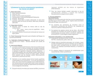 Guía de Educación Ambiental - Región Lambayeque
“¡Cortamos la ruta de contaminación lavándonos
las manos con jabón!”
1.- Datos Generales:
Área: Ciencia yAmbiente.
Ciclo: III – IV-V.
Grado: Primero a sexto de primaria.
Característica: Unidocente/Multigrado/Polidocente.
Duración: 90 minutos.
Contexto: Desarrollar la sesión adecuando el aula como
escenario para una función de títeres, debe tener ventilación
adecuada.
2.- Capacidad yActitud:
Describe cómo el lavado de manos corta la ruta de
contaminación :
ano – mano – boca y virus en superficies – mano,
boca/nariz/ojo.
Demuestra interés en la promoción del lavado de manos con
agua y jabón.
3.- Tema Transversal: Educación para la Gestión del Riesgo y la
ConcienciaAmbiental.
4.- Calendario Ambiental Regional: “Día Mundial del Agua”/
“Día Mundial de la Salud”, “Semana Mundial del Lavado de
Manos”.
5.- Información Básica:
La ruta de contaminación fecal ano-mano-boca evidencia que
las manos son un vehículo portador de microbios presentes
en las cacas, polvos, etc. y que mediante ella llegan a la boca
e ingresan al organismo causando diarrea, parasitosis, y
otras enfermedades; pero que también pueden interrumpir el
paso de los microbios si se lava con agua y jabón. Hay que
tener presente que las diarreas causan silenciosamente
desnutrición y anemia en los niños.
Asimismo si con nuestras manos hemos tocado superficies
contaminadas con el virus AH1N1 y a su vez nos tocamos la
nariz, ojos o boca hacemos ingresar al virus enfermándonos.
Aún hay personas que cuando estornudan o tosen se tapan la
boca con sus manos y de allí van esparciendo sus microbios o
virus contagiando a los demás.
De igual modo los microbios que causan las IRAs y neumonía
ingresan también por las manos al organismo
enfermándonos.
Pero, las manos también pueden interrumpir la ruta de
contaminación siempre y cuando nos lavemos
frecuentemente con agua a chorro y jabón.
6.- Proceso Didáctico:
INICIO/ENTRADA:
Diálogo con los niños acerca de cómo les va con el compromiso de
que haya agua a chorro y jabón en los lugares claves acordados
tanto para el hogar como para la IE?
Se muestran las caricaturas de microbios como el
neumococo, Escherichia coli, A(H1N1), etc, causantes de
neumonía, diarrea e influenzaA(H1N1).
Se exploran los saberes previos de los niños: ¿De dónde
provienen los microbios que causan la diarrea? ¿Cómo nos
contaminamos con cacas, polvos y microbios? ¿Dónde vive
el virusAH1N1? ¿Cómo llega a nuestro organismo?
PROCESO/ DESARROLLO/ ELABORACIÓN:
Presentación de dibujos de caca, boca, mano, virus influenza
A(H1N1), neumococos, polvo, nariz, ojo.
Diálogo sobre la importancia del juego, de ir al baño y hacer
muchas actividades pero que los microbios que se hallan en
las cacas, polvo, suciedad entran en contacto con nuestras
manos y por prácticas incorrectas llevamos lo microbios a
nuestra boca.
En conjunto ordenan la secuencia de contaminación para
causar diarreas. Deben quedarles así:
247
 
