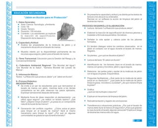 Guía de Educación Ambiental - Región Lambayeque
“Jabón en Acción para mi Protección”
1.- Datos Generales:
Área: Ciencia,Tecnología yAmbiente.
Ciclo: VII.
Grado:Tercero.
Duración: 100 minutos.
Contexto: Los estudiantes ya explican
la reacción de saponificación.
Disposición de la clase en U.
2.- Capacidad yActitud:
Analiza las propiedades de la molécula de jabón y el
mecanismo de acción en el lavado de manos.
Muestra interés por la disponibilidad permanente de los
recursos agua segura y jabón para el lavado de manos.
3.- Tema Transversal: Educación para la Gestión del Riesgo y la
ConcienciaAmbiental.
4.- Calendario Ambiental Regional: “Día Mundial del Agua”/
“Día Mundial de la Salud”, “Semana Mundial del Lavado de
Manos”.
5.- Información Básica:
Textos: “La Reacción que produce Jabón” y el “Jabón enAcción”.
6.- Proceso Didáctico:
INICIO/ENTRADA:
Se invita a un par de estudiantes para que demuestren el
lavado de manos con jabón, mientras tanto a los demás
compañeros se les pide observen los pasos aplicados.
Expresan sensaciones después del lavado.
Mediante lluvia de ideas responden al planteamiento: ¿se
utilizó agua segura? ¿se realizó un lavado óptimo? ¿qué
faltó? ¿Dejaron limpio el jabón? ¿la grasa es un componente
natural de la piel de las manos?
Generación del conflicto cognitivo ¿Cómo actúa el jabón
para limpiar en el lavado de manos? Será el mismo
mecanismo para limpiar la ropa? ¿Por qué en algunas
comunidades se golpea la ropa durante el lavado?
Se presenta la capacidad y actitud y se distribuye los textos de
lectura o los ubica en su ordenador.
Recrear en un software la acción de limpieza del jabón al
lavarse las manos.
PROCESO/ DESARROLLO/ ELABORACIÓN:
Lectura del texto “La Reacción que produce Jabón”.
Elaboran la reacción de saponificación de diversos jabones y
trasladan a fórmula esquemática. Socializan.
Señalan la cola apolar y cabeza polar de los jabones
formados.
En tándem dialogan sobre los cambios observados en el
jabón al contacto con el agua durante el lavado de manos.
Registro.
Se plantea ¿por qué se disuelve el jabón?
Lectura del texto “El Jabón enAcción”
Identificación de los factores clave en el lavado de manos:
manos con grasa y microbios; jabón y agua segura.
Relaciona las partes polar y apolar de la molécula de jabón
con el agua y la grasa. Esquematiza.
Preguntas facilitadoras: ¿Qué parte de la molécula de jabón
actúa en su disolución? ¿qué parte de la molécula de jabón
limpia la grasa, microbios y suciedad? ¿de qué manera limpia
la grasa?
Gráfica.
¿qué son las burbujas o espuma?
Explican el mecanismo de limpieza del jabón.
Retroalimentación y registro de conclusiones
Transferencia a situaciones prácticas. ¿Por qué el lavado de
manos debe durar al menos 20 segundos?¿Para qué golpean
la ropa durante el lavado algunas personas? Explica el riesgo
de lavarse las manos sólo con agua.
EDUCACIÓN SECUNDARIA
buenapraxisnews.blogspot.com
251
 