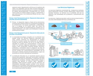 Guía de Educación Ambiental - Región Lambayeque
especial nuestro departamento sufrimos por la epidemia del
cólera, fue catastrófico para las vidas humanas afectadas y
para la economía nacional pues tuvo un costo de mil millones
de dólares aproximadamente. (Ferradas.200) Con mucho
menos dinero se hubiera dotado de agua y saneamiento a
gran parte del país y nos hubiéramos librado de esa y otras
enfermedades.
Porque tener Saneamiento para la Disposición Adecuada de
Excretas, favorece alAmbiente.
Porque la disposición segura y limpia de los excrementos
humanos tiene impacto positivo en el ambiente al proteger de
la contaminación a las aguas superficiales y subterráneas,
aire y el paisaje se ve mucho mejor. Asi mismo los
excrementos pueden ser transformados en compost con un
debido tratamiento y ser usado como fertilizante e incluso es
posible generar biogás.
Porque tener Saneamiento para la Disposición Adecuada de
Excretas, si es factible.
La diversidad tecnológica amigable con el ambiente hace
posible contar con servicios higiénicos adecuados para
niños, adultos, personas con discapacidad en variados
territorios e incluso cuando hay situaciones de desastres.
Cuando se toma la decisión de vivir en un lugar limpio y
saludable es posible que comprometamos a todos para
contar con servicios higiénicos adecuados y mantenerlos
limpios y bien conservados. Nuestras familias, directores,
profesores y autoridades tienen la obligación de dotar de
saneamiento a nuestras viviendas e Instituciones Educativas,
por eso sucede que cuando tenemos autoridades que se
preocupan y realizan proyectos de saneamiento y agua, sus
acciones son muy bien valoradas por la población.
La Institución Educativa es un importante espacio para la
práctica de la disposición adecuada de excretas y ésta debe
garantizar para todos los estudiantes y profesores que haya
instalaciones sanitarias, privadas, diferenciadas, limpias y
seguras para generar un entorno digno, saludable y
agradable. Debe preverse también que las personas con
necesidades especiales puedan acceder a los servicios
higiénicos con comodidad. Todos debemos conservar limpios
los sanitarios y velar porque los demás también lo hagan pues
es un asunto que a todos nos afecta.
Los Servicios Higiénicos
Los servicios higiénicos comprenden las instalaciones sanitarias
para la disposición cómoda, privada, diferenciada y segura de las
excretas humanas, en armonía con el ambiente, por eso se
adecúan a las necesidades de la población y características del
territorio.
Los servicios higiénicos permiten cortar la ruta de contaminación y
así evitar enfermedades diarreicas, parasitosis, etc.
+ =
Disposición sanitaria
de excretas
Lavado de manos
con agua segura a
chorro y jabón
Familias sanas y
contentas
En cambio:
258
Contaminación
 