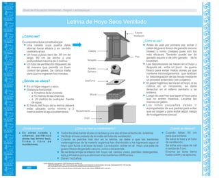 Guía de Educación Ambiental - Región Lambayeque
¿Dónde conviene?
¿Cómo se usa?
¿Dónde se ubica?
¿Cómo se hace su mantenimiento?
¿Cómo es?
¿Cuándo se clausura?
Letrina de Hoyo Seco Ventilado
Antes de usar por primera vez, echar 2
palas de guano fresco de ganado vacuno
(reses) u ovino (ovejas) pues son los
más eficaces. También puede ser de
ganado equino o de otro ganado de la
localidad.
Las deposiciones se hacen en el hoyo y
después se echa un poco de guano
fresco para evitar malos olores ya que
contiene microorganismos que realizan
la desintegración de las heces mediante
un proceso anaerobio ( sin oxígeno).
El papel higiénico se tira en el hoyo; si se
coloca en un recipiente, se debe
desechar en el relleno sanitario o se
entierra.
Luego de usar hay que tapar el hoyo para
que no entren insectos. Lavarse las
manos con jabón.
Los niños pequeños deben ir
acompañados de sus padres para evitar
que se caigan y para evitar algún riesgo
de hostigamiento sexual.
Es una estructura constituida por:
Una caseta cuya puerta debe
abrirse hacia afuera y en sentido
contrario al sol.
Un hoyo o pozo seco de 80 cm de
largo, 80 cm de ancho y una
profundidad máxima de 2 metros.
Un tubo de ventilación dispuesto de
tal manera que permita un buen
control de gases. Se coloca malla
para que no ingresen los insectos.
En un lugar seguro y seco.
Distancia horizontal:
a 5 metros de la vivienda.
a 15 metros de las chacras.
a 20 metros de cualquier fuente
de agua.
El fondo del hoyo de la letrina deberá
estar ubicado como mínimo a 2
metros sobre el agua subterránea.
En zonas rurales y
urbanas periféricas
donde hay terreno seco,
f i r m e y l i b r e d e
inundaciones.
Todos los días barrer el piso (o la losa) y una vez al mes el techo de la letrina.
Verificar el buen estado de la malla del tubo de ventilación.
Cuando se percibe mal olor en la letrina, se debe a que las bacterias
metanogénicas de la materia orgánica han disminuido o ha ingresado agua al
hoyo (por lluvia o al lavar la losa). La solución: echar en el hoyo una pala de
guano fresco de ganado vacuno, ovino o de acémila.
No se debe arrojar al interior del hoyo: cal, ceniza, creso, petróleo, detergentes,
lejía y similares porque eliminan a las bacterias nitrificantes.
Duran 1 a 2 años.
Cuando faltan 50 cm
para que se llene.
Se saca la losa y el tubo
de ventilación.
Se echa una capa de cal
o ceniza de 5 cm.
Encima se echa tierra
hasta cubrir y se apisona.
260
Fuente:PROPILAS-CareCajamarca.2000.EducandoparaVivirMejor.p67.
VARGASNEUMANNyotros.2007.Construccióndecasas saludablesysismoresistentesconadobereforzado.ZonaCosta.FondoEditorialPUCP. p38.Lima.Perú.
OPS-UNATSABAR.2003.EspecificacionesTécnicasparaeldiseñodeletrinasventiladasdehoyoseco.
WSP.CAMPOS.M..2004.ElcontroldeOloresenLetrinasRurales. NotadeCampo.Editorial INDEART.SAC.Lima.p12.
 