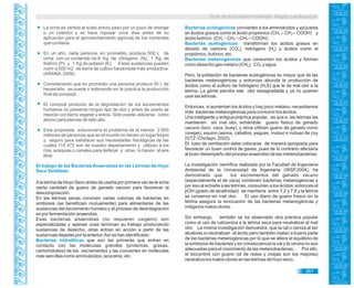 Guía de Educación Ambiental - Región Lambayeque
267
La orina es vertida al suelo previo paso por un pozo de drenaje
o un colector y se hace reposar unos días antes de su
aplicación para el aprovechamiento agrícola de los nutrientes
que contiene.
En un año, cada persona, en promedio, produce 500 L de
orina con un contenido de 6 Kg de nitrógeno (N), 1 Kg de
fósforo (P) y 1 Kg de potasio (K). Estas sustancias pueden
nutrir a 500 m2 de tierra de cultivo haciéndola más productiva.
(ARANA. 2009).
Considerando que en promedio una persona produce 50 L de
heces/año se puede ir estimando en la práctica la producción
final de compost.
El compost producto de la degradación de los excrementos
humanos no presenta ningún tipo de olor y antes de usarlo se
mezcla con tierra vegetal y arena. Sólo puede utilizarse como
abono para plantas de tallo alto.
Esta propuesta solucionaría el problema de al menos 2 600
millones de personas que en el mundo no tienen un lugar limpio
y seguro para satisfacer sus necesidades fisiológicas de las
cuales 115 472 son de nuestro departamento y utilizan a los
ríos, acequias o canales para defecar y otras lo hacen al aire
libre.
El trabajo de las Bacterias Anaerobias en las Letrinas de Hoyo
Seco Ventilado.
Ala letrina de Hoyo Seco antes de usarla por primera vez se le echa
cierta cantidad de guano de ganado vacuno para favorecer la
descomposición.
En las letrinas secas conviven varias colonias de bacterias en
simbiosis (se benefician mutuamente) para alimentarse de las
sustancias del excremento humano y el proceso de desintegración
es por fermentación anaerobia.
Esas bacterias anaerobias (no requieren oxígeno) son
especializadas y apenas unas terminan su trabajo produciendo
sustancias de desecho, otras entran en acción a partir de las
sustancias dejadas por la anterior.Así se han identificado:
Bacterias hidrolíticas que son las primeras que entran en
contacto con las moléculas grandes (proteínas, grasas,
carbohidratos) de los excrementos y las convierten en moléculas
más sencillas como aminoácidos, azúcares, etc.
Bacterias acidogénicas convierten a los aminoácidos y azúcares
en ácidos grasos como el ácido propiónico (CH – CH -- COOH) y3 2
ácido butírico (CH – CH —CH -- COOH).3 2 2
Bacterias acetogénicas transforman los ácidos grasos en
dióxido de carbono (CO ), hidrógeno (H ) y ácidos como el2 2
propiónico, butírico, etc.
Bacterias metanogénicas que consumen los ácidos y forman
como desecho gas metano (CH ), CO y agua.4 2
Pero, la población de bacterias acidogénicas es mayor que de las
bacterias metanogénicas y entonces abunda la producción de
ácidos como el sulfuro de hidrógeno (H S) que le da mal olor a la2
letrina. La gente percibe ese olor desagradable y ya no quieren
usar las letrinas.
Entonces, si aumentan los ácidos y hay poco metano, necesitamos
más bacterias metanogénicas para consumir los ácidos.
Una inteligente y antigua práctica popular, es que a las letrinas las
mantienen sin mal olor, echándole guano fresco de ganado
vacuno (toro, vaca, buey), y otros utilizan guano de ganado ovino
(ovejas), equino (asnos, caballos, yeguas, mulos) e incluso de cuy
(GTZ -Chiclayo. 2003).
El tubo de ventilación debe colocarse de manera apropiada para
favorecer un buen control de gases, pues de lo contrario afectaría
al buen desempeño del proceso anaerobio de las metanobacterias.
La investigación científica realizada por la Facultad de Ingeniería
Ambiental de la Universidad de Ingeniería (WSP.2004), ha
demostrado que los excrementos del ganado vacuno
(especialmente el de vaca) contienen bacterias metanogénicas y
por eso al echarle a las letrinas, consumen a los ácidos; entonces el
pOH (grado de alcalinidad) se mantiene entre 7,2 y 7,8 y la letrina
se conserva sin mal olor. El uso diario de guano fresco en la
letrina asegura la renovación de las bacterias metanogénicas y
mitiga los malos olores.
Sin embargo, también se ha observado otra práctica popular
como el uso de cal/ceniza a la letrina seca para neutralizar el mal
olor. La misma investigación demuestra que la cal o ceniza al ser
alcalinas si neutralizan el ácido pero también matan a buena parte
de las bacterias metanogénicas por lo que se altera el equilibrio de
la simbiosis de bacterias y en consecuencia la cal y la ceniza no son
adecuadas para el crecimiento de las metanobacterias. Por ello,
el biocontrol con guano (el de reses y ovejas son los mejores)
neutraliza los malos olores en las letrinas de hoyo seco.
 